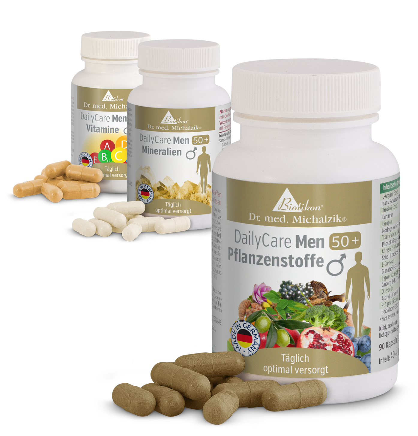 DailyCare Hommes 50+ – Capsules Trois flacons de compléments alimentaires pour hommes de plus de 50 ans, capsules de différentes couleurs, vue de côté.