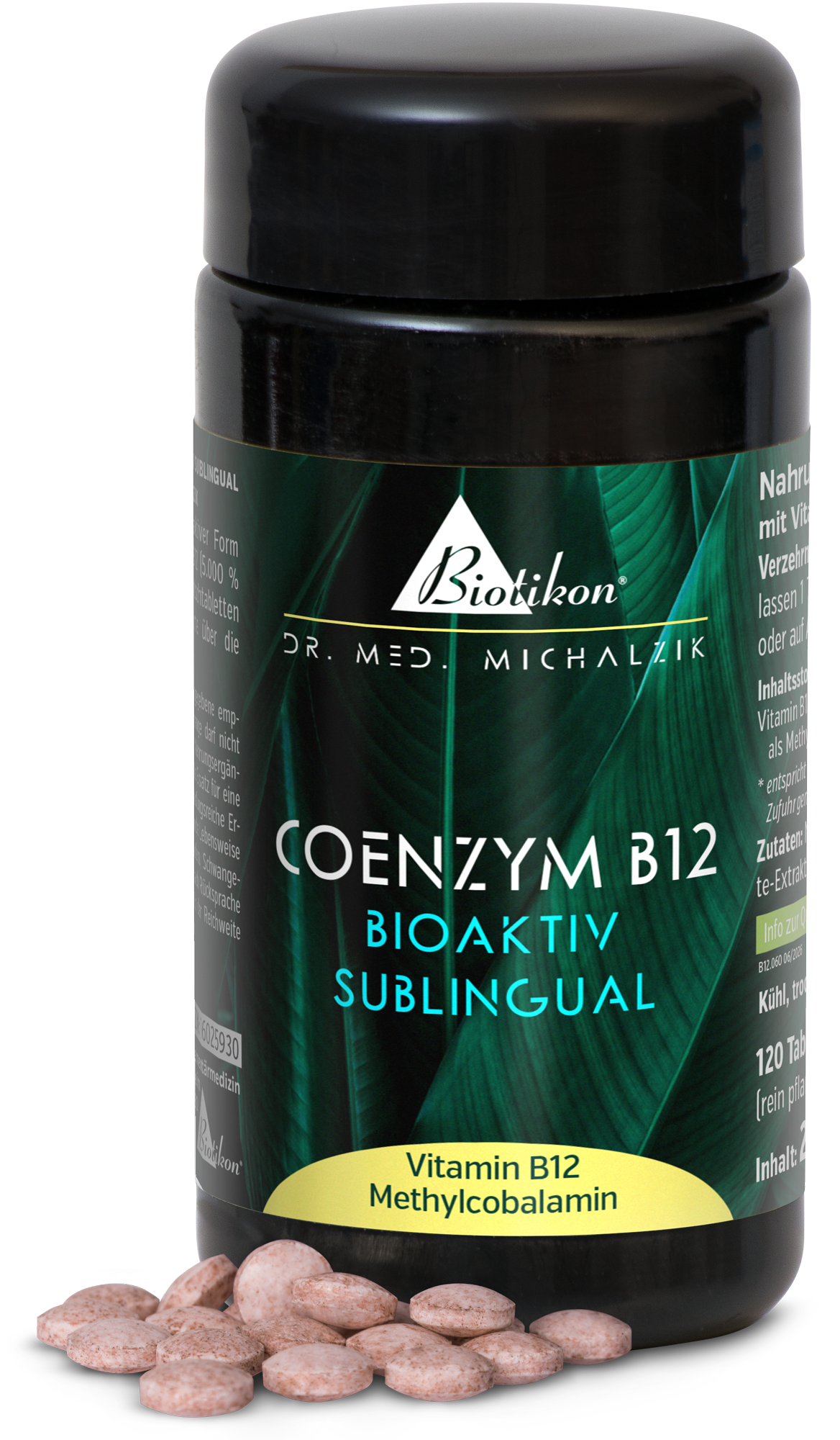 Supplément alimentaire Coenzyme B12 dans une bouteille noire, 120 comprimés sublingues, couleur rose-brun, perspective latérale.
