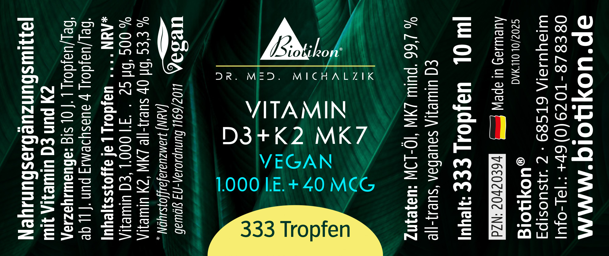 Flacon avec 333 gouttes de vitamine D3 et K2 MK7, 10 ml, emballage vert