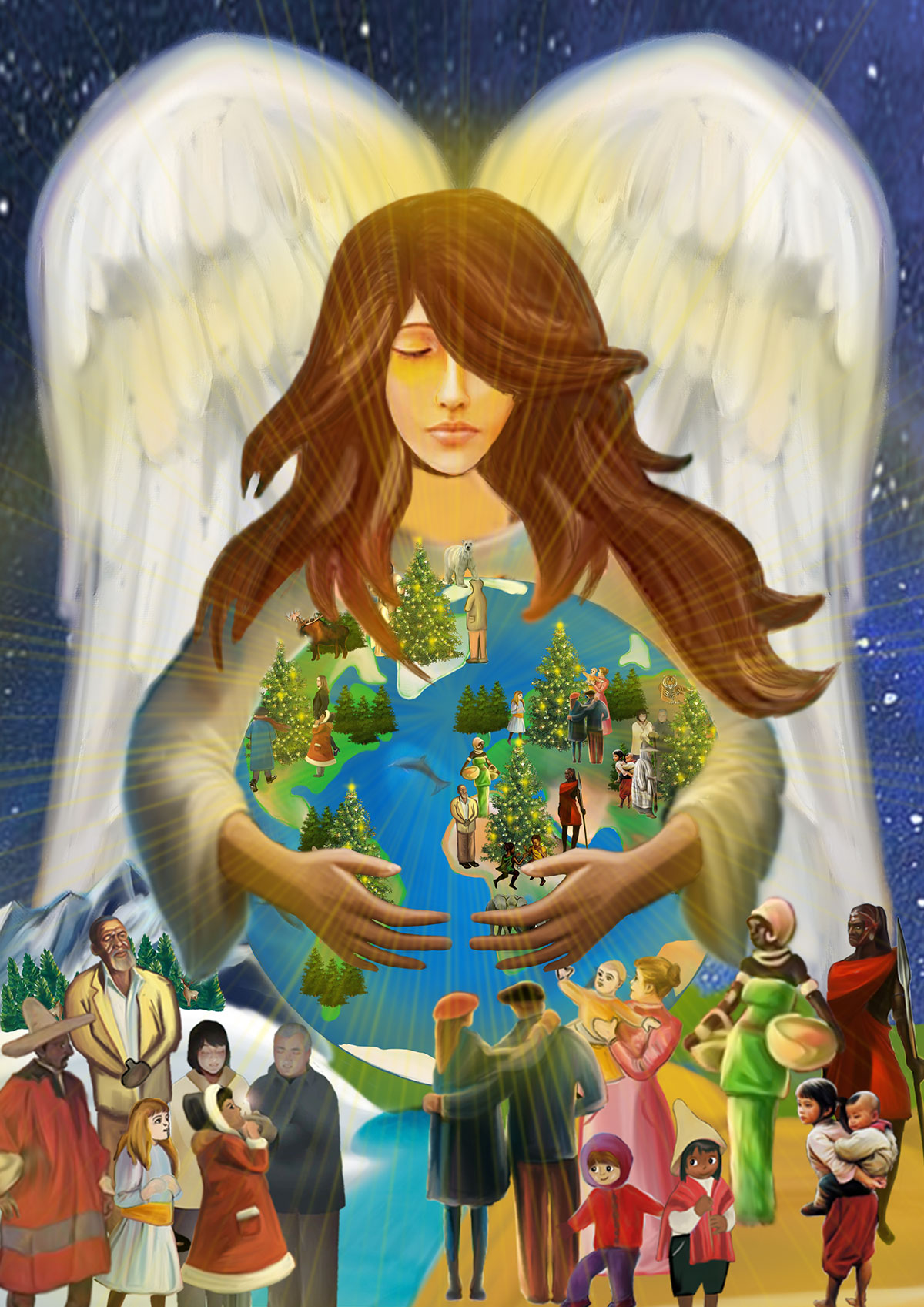 Ange avec la Terre – Art illustratif Une représentation artistique d'un ange tenant la Terre, entouré de diverses figures et sapins de Noël.