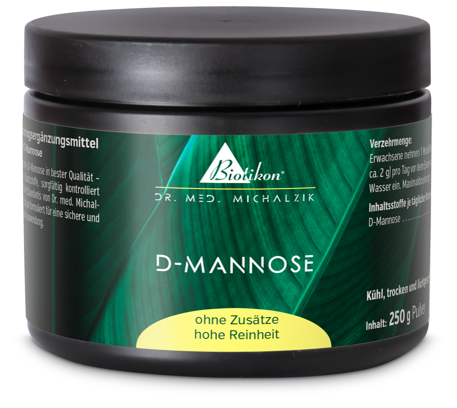 D-Mannose 250 g – Poudre Complément de D-Mannose dans un contenant noir de 250 g avec une étiquette verte.