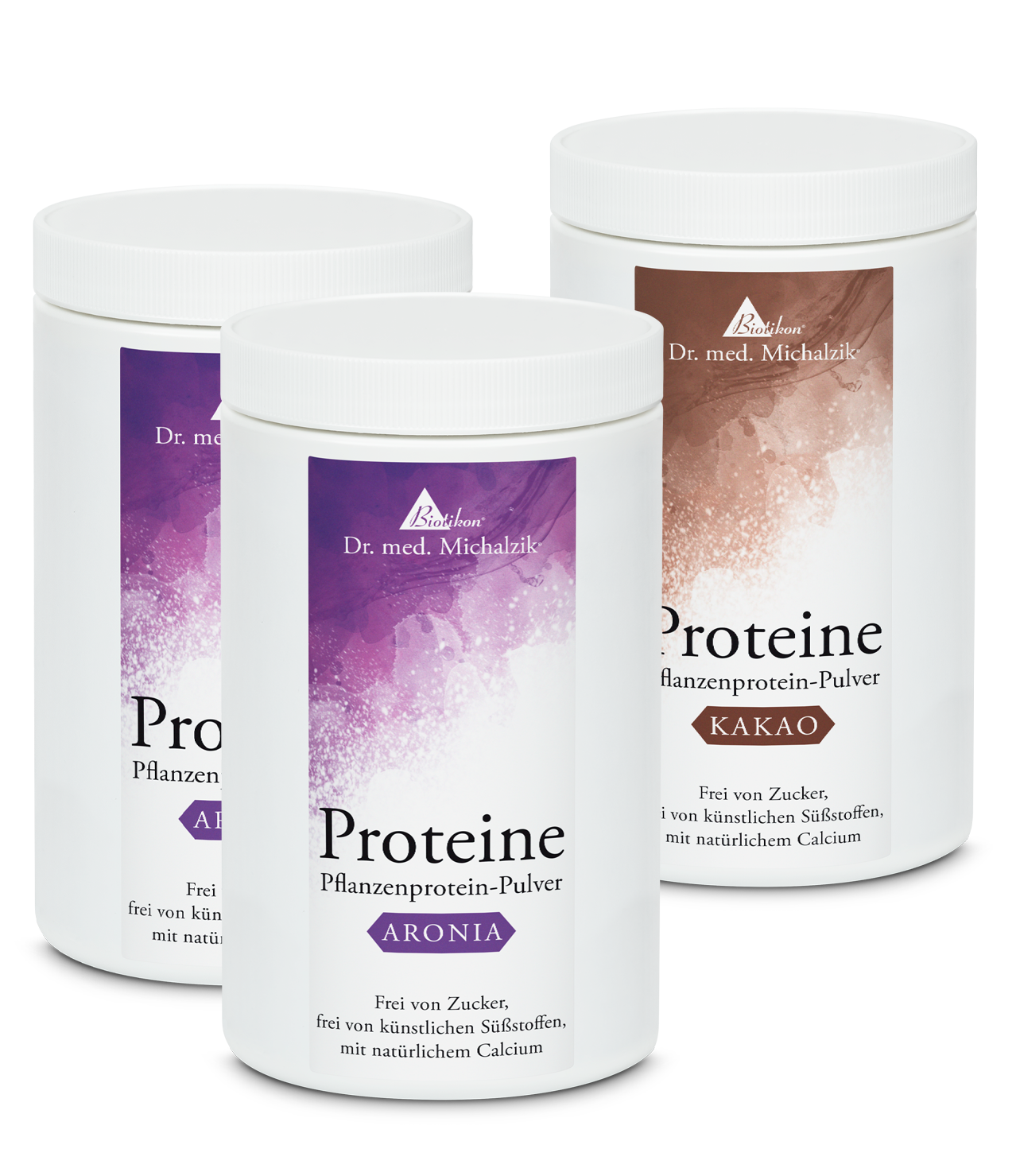 Poudre de Protéine Végétale – Aronia et Cacao Deux contenants de poudre de protéine végétale en saveurs Aronia et Cacao, blanc avec des étiquettes colorées, vue de face.