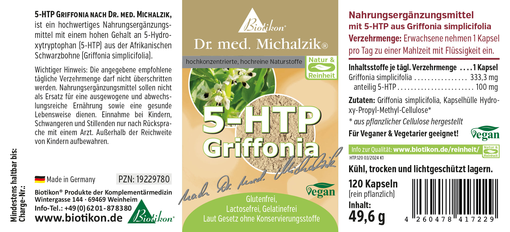 5-HTP Griffonia 100 mg – 120 Gélules Complément alimentaire avec 5-HTP de Griffonia simplicifolia, 120 gélules véganes, emballage coloré, vue de face.