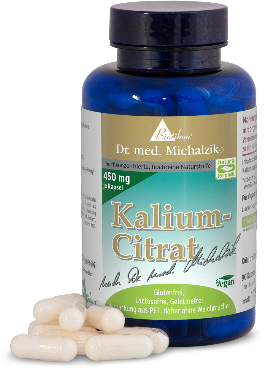 Citrate de potassium 450 mg – Capsules Bouteille bleue contenant 90 capsules blanches, véganes, sans gluten, sans lactose.