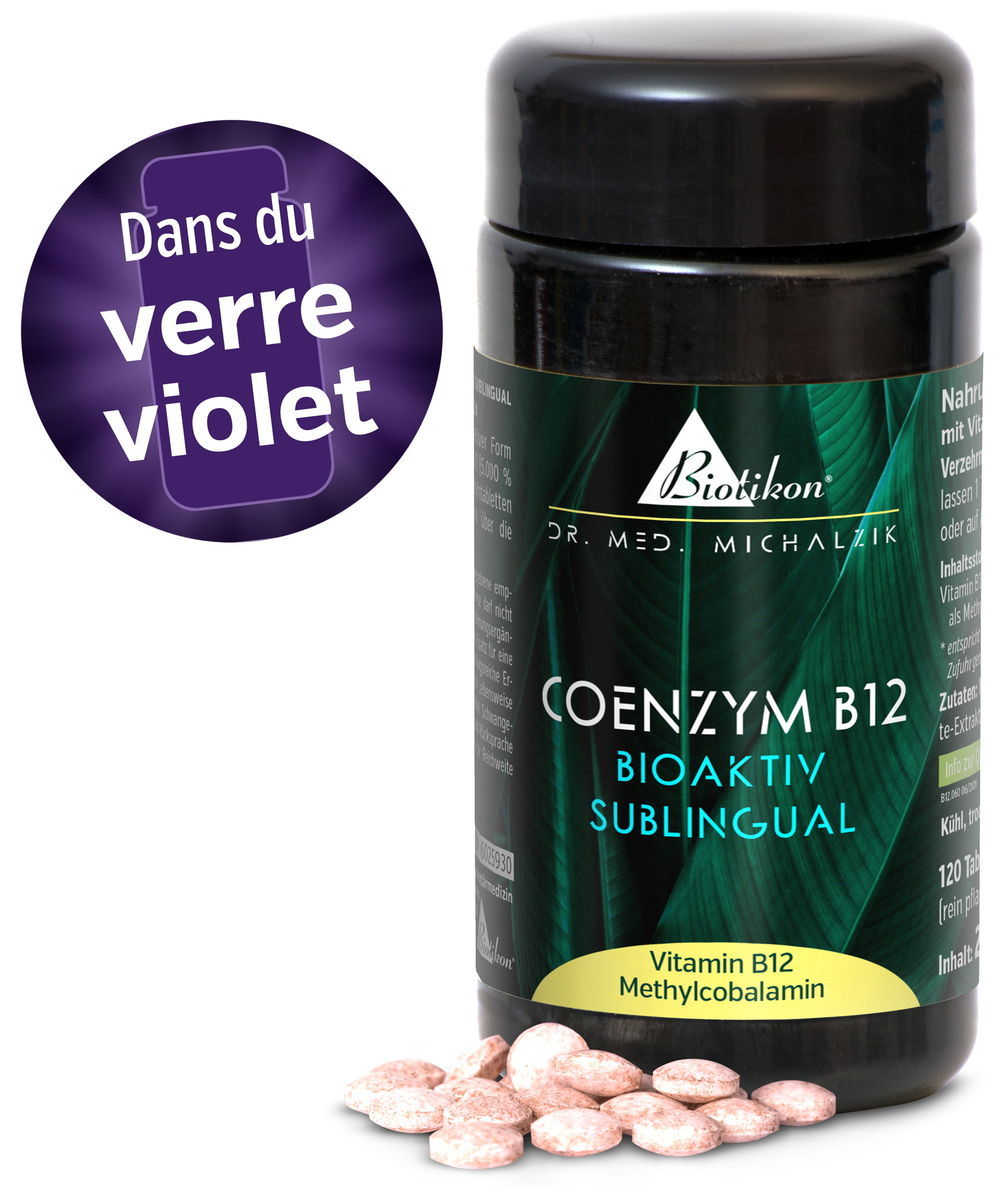 Bouteille de comprimés de Coenzyme B12, 120 pièces, comprimés roses sur une surface réfléchissante.