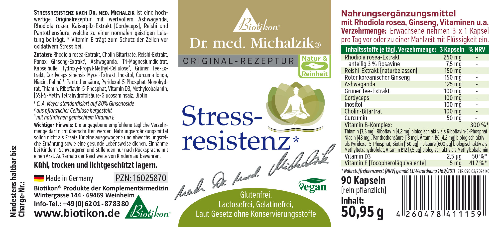 Résistance au Stress 90 Capsules – Supplément Alimentaire Capsules de résistance au stress dans un emballage transparent, 90 pièces, couleur vert clair, vue de face.