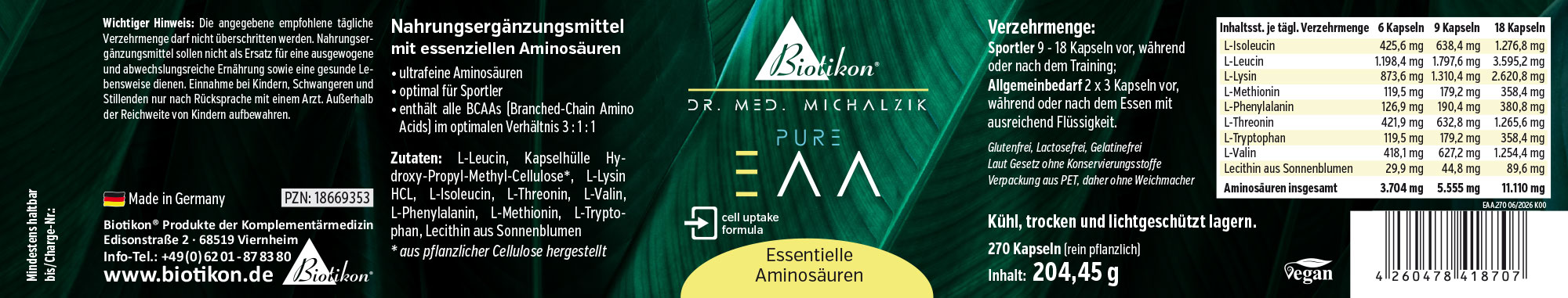 Emballage contenant 270 capsules végétales pour acides aminés essentiels, vert, vue de face.