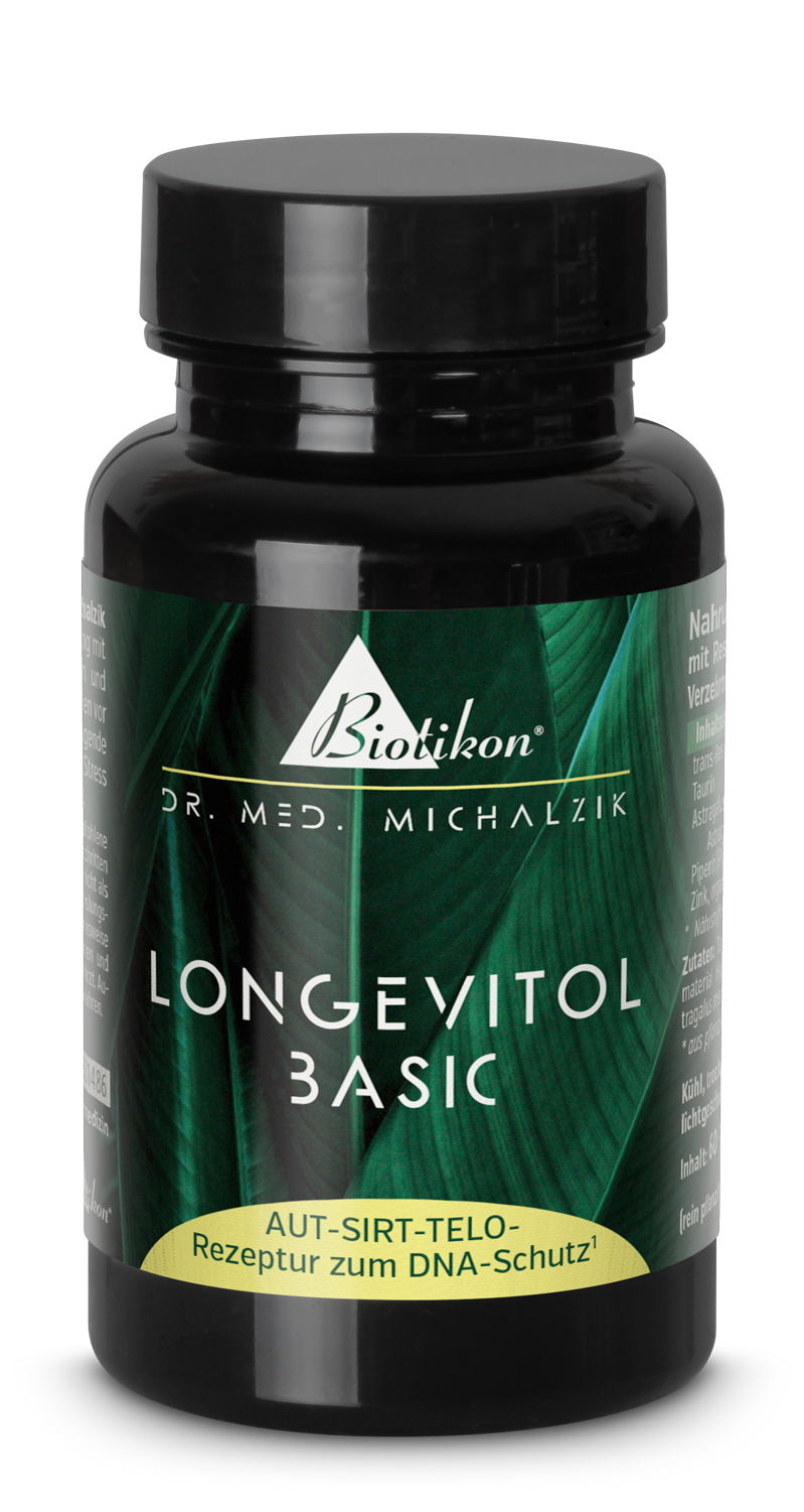 Capsules Longevitol basic - 60 pièces Capsules Longevitol basic dans une bouteille blanche, 60 pièces, végétaliennes, avec des capsules légèrement transparentes.