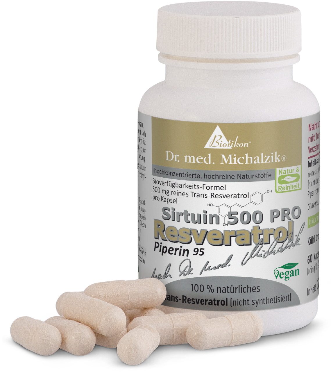Resvératrol 500 mg – Gélules Bouteille avec 60 gélules beiges, vue de l'étiquette et des gélules sur la table.