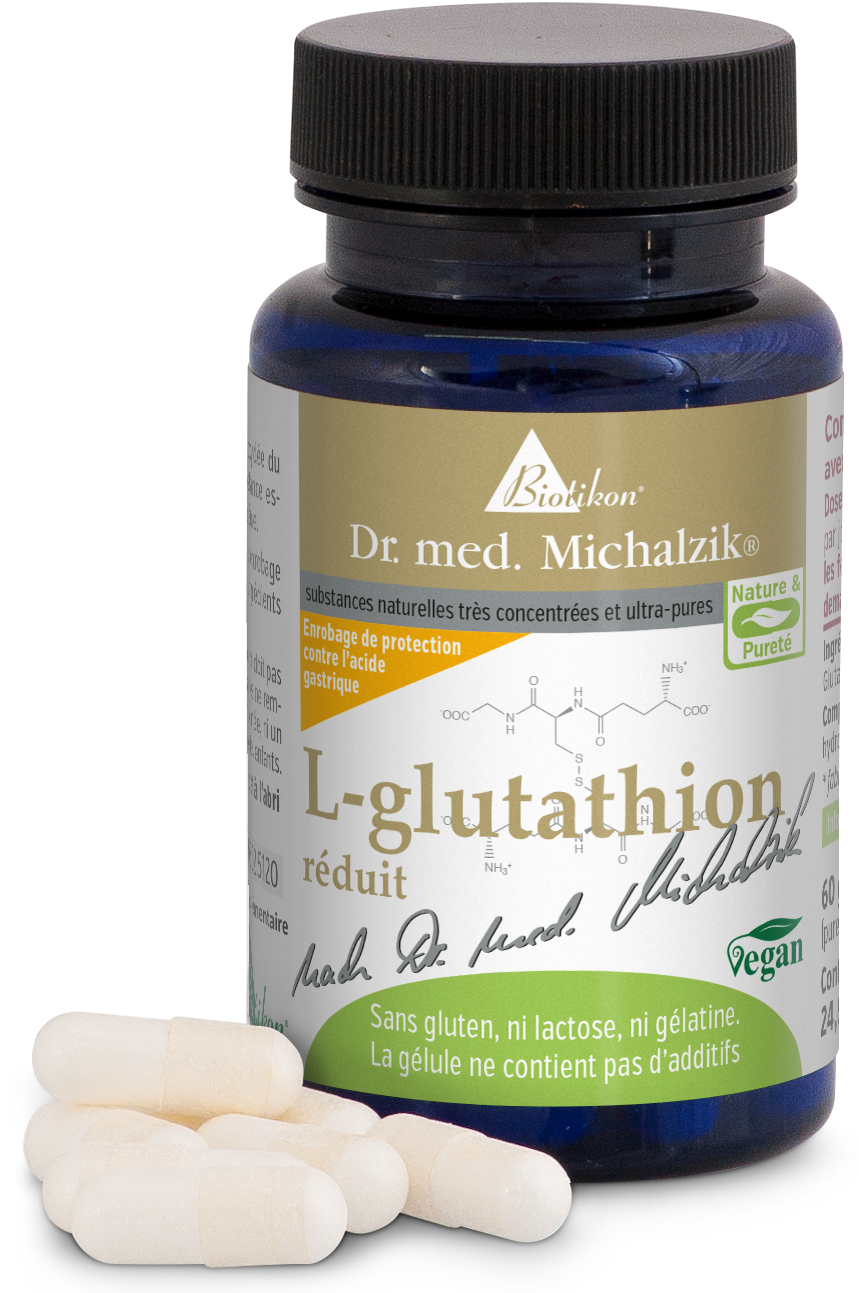 L-Glutathion réduit – 60 gélules Bouteille de gélules de L-Glutathion, 60 gélules blanches végétaliennes, emballées en toute sécurité.