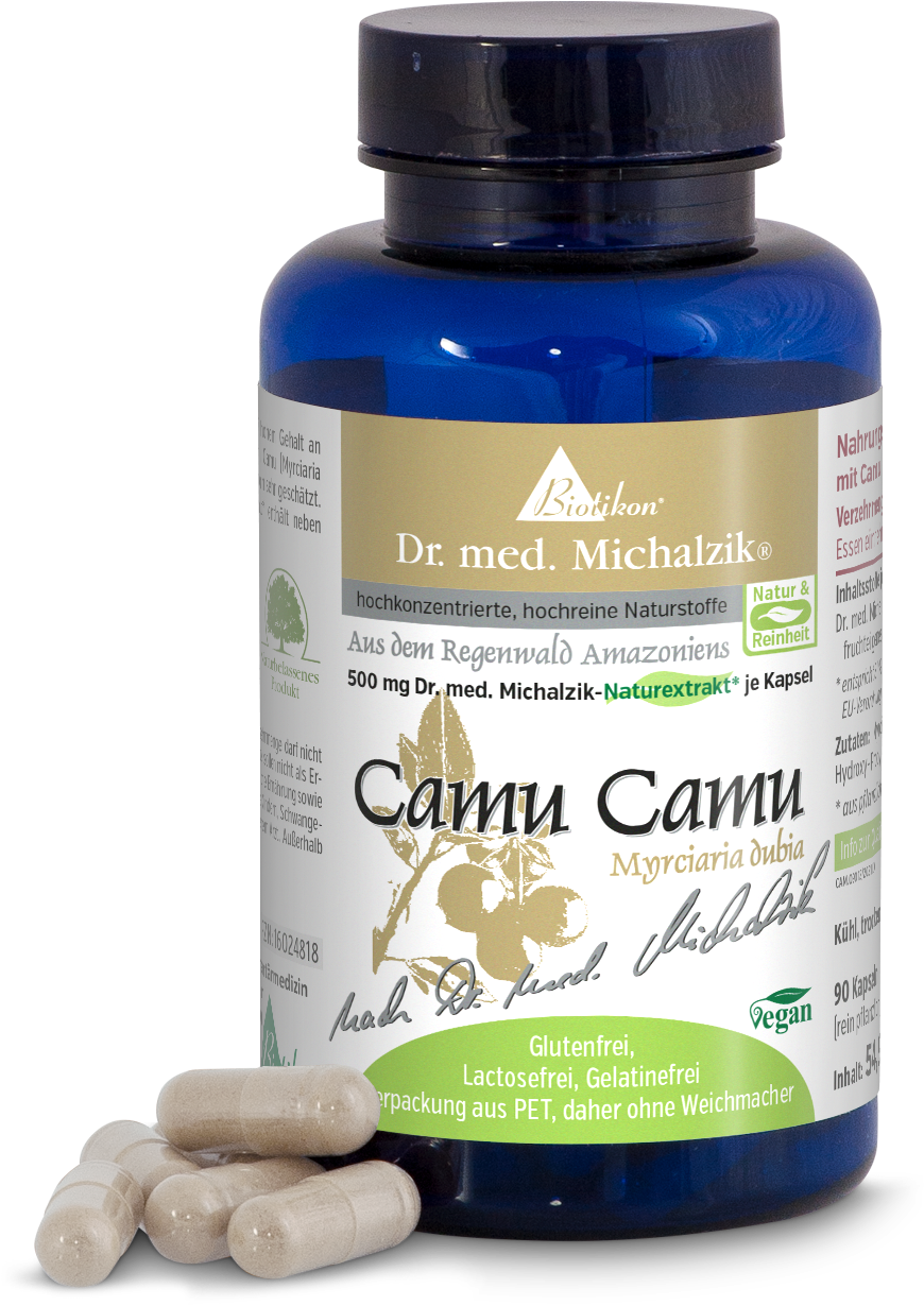 Camu Camu 500 mg – Capsules Complément alimentaire Camu Camu dans une bouteille PET bleue, 90 capsules, plusieurs capsules au premier plan.