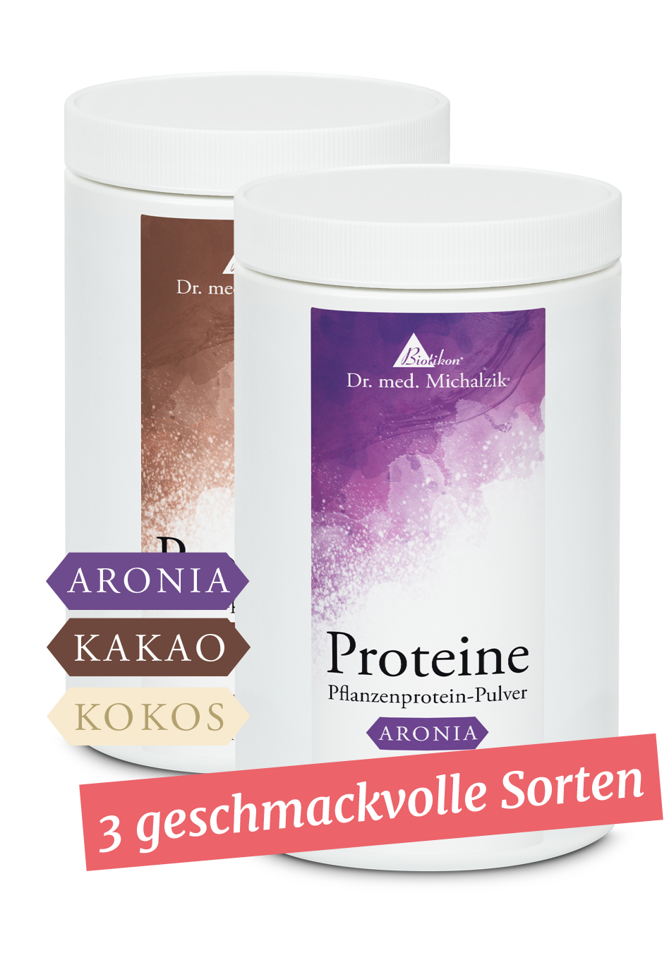 Poudre de protéines végétales – 3 variétés Deux contenants de poudre de protéines végétales en Aronia, Cacao et Coco, blanc, vue de face.