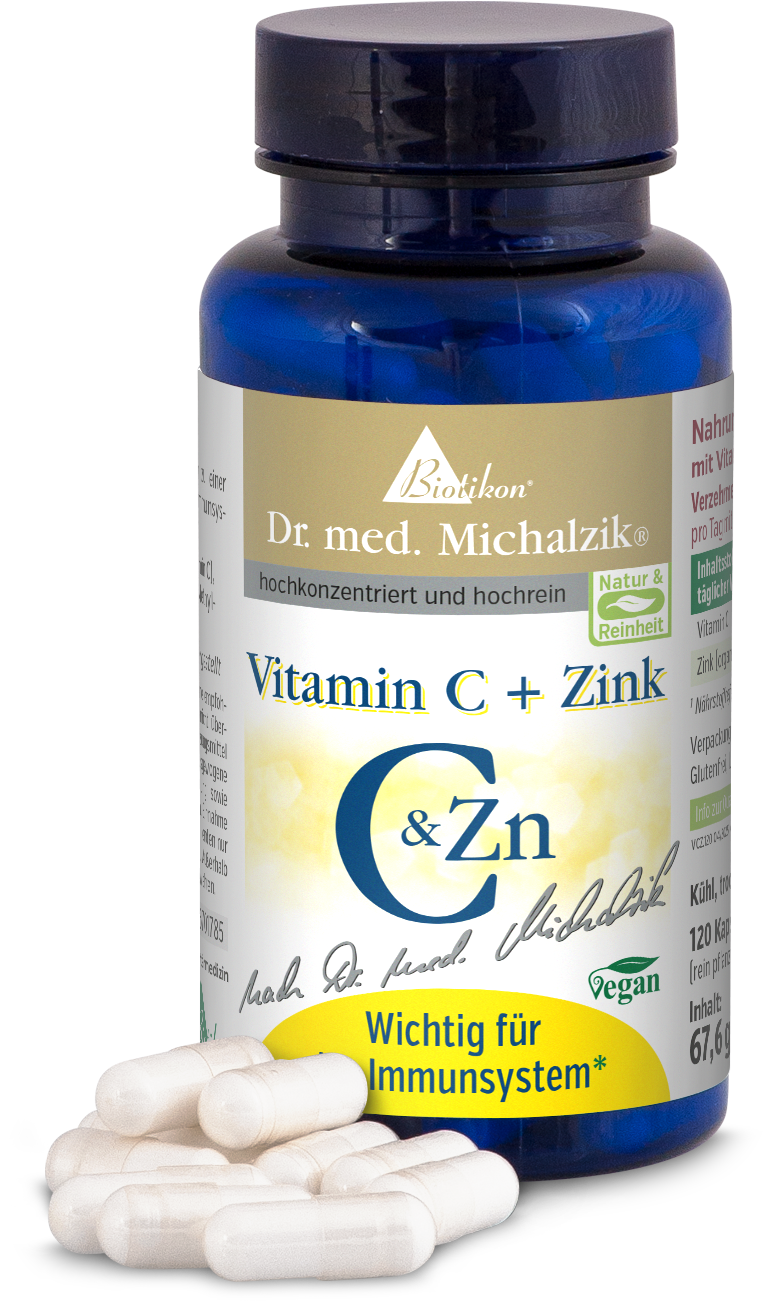 Vitamine C + Zinc – 120 Capsules Bouteille bleue avec 120 capsules végétaliennes, contenant de la vitamine C et du zinc, sur fond blanc.