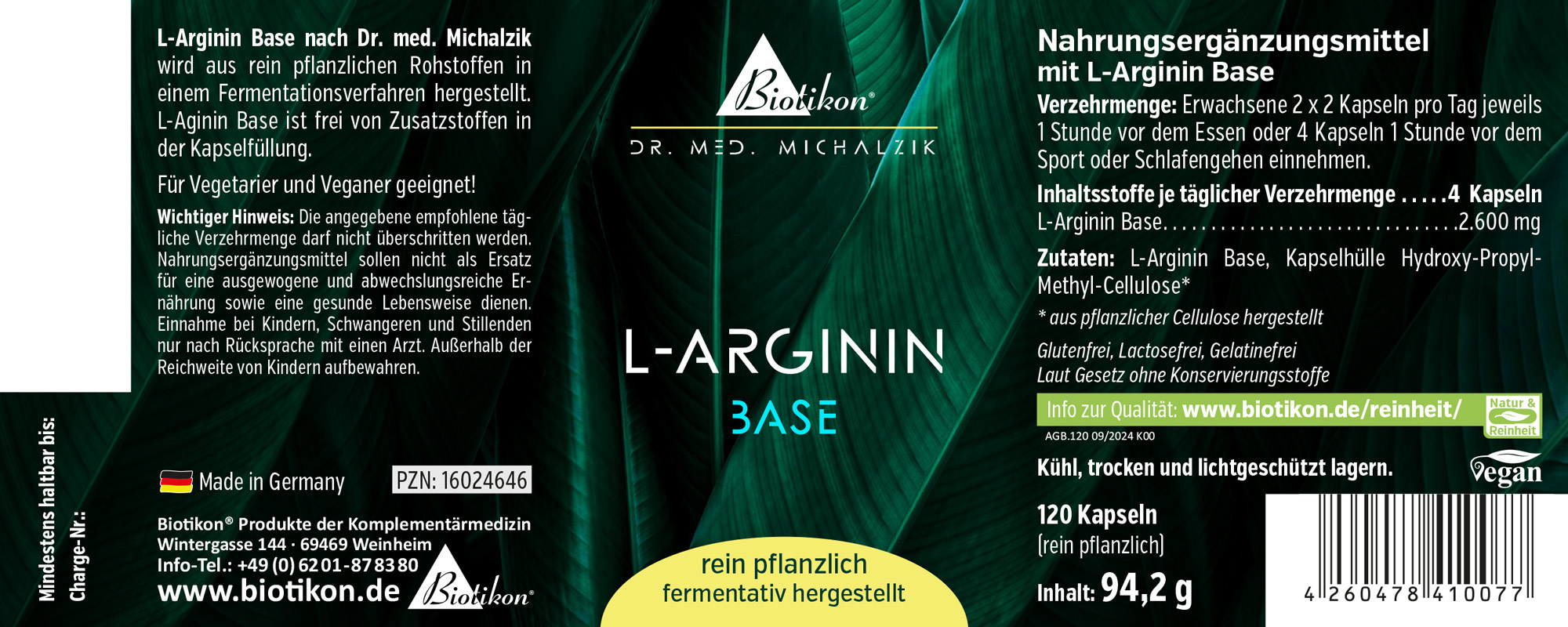 Base de L-Arginine 2600 mg – 120 Capsules Complément alimentaire de L-Arginine, 120 capsules dans un emballage vert, présenté en vue perspective.
