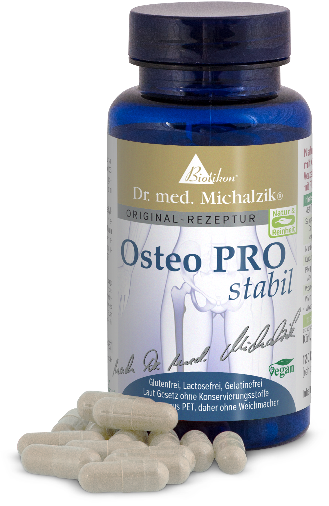 Osteo PRO Stabil – 120 Capsules Gélules Osteo PRO Stabil dans une bouteille bleue, 120 pièces, sans gluten, végan, en PET recyclé.