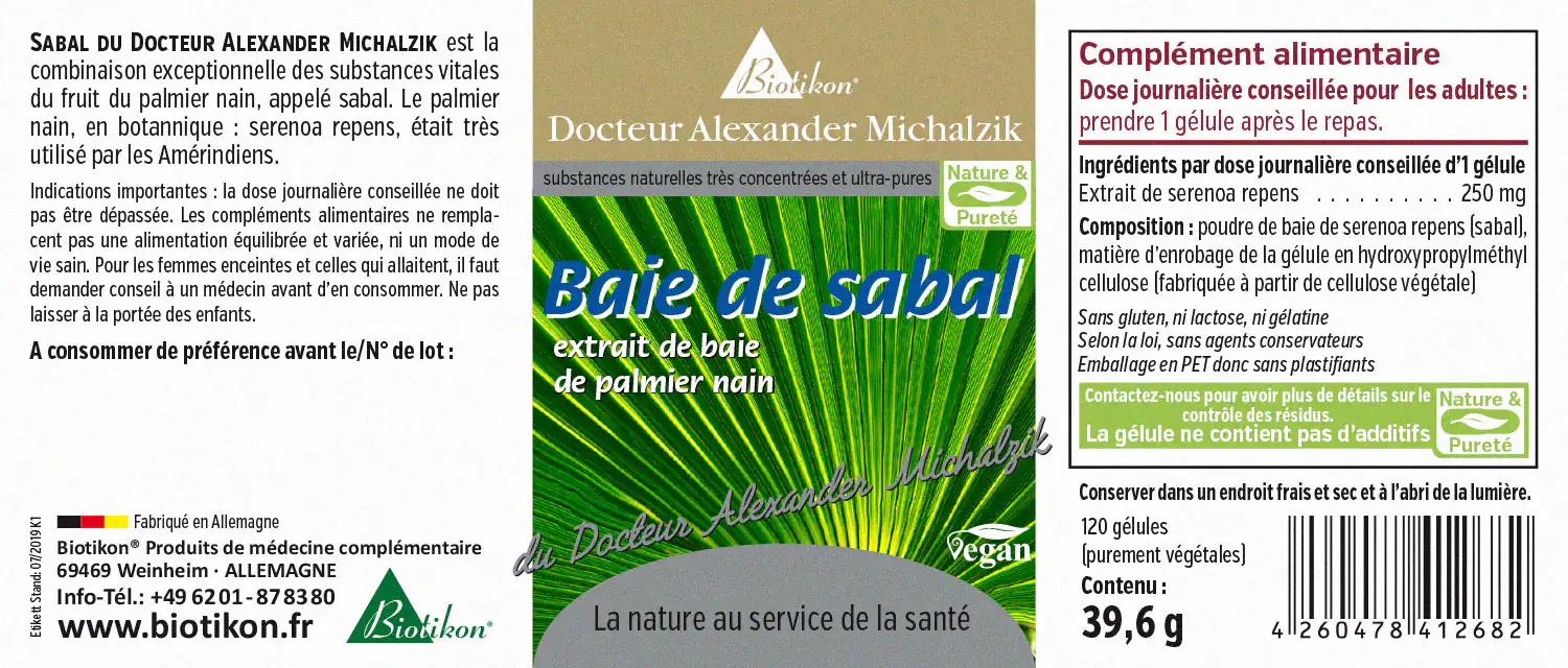 Extrait de fruit de Sabal 250 mg – Capsules Capsules contenant 250 mg d'extrait de fruit de Sabal, l'emballage présente des éléments de design verts et gris.