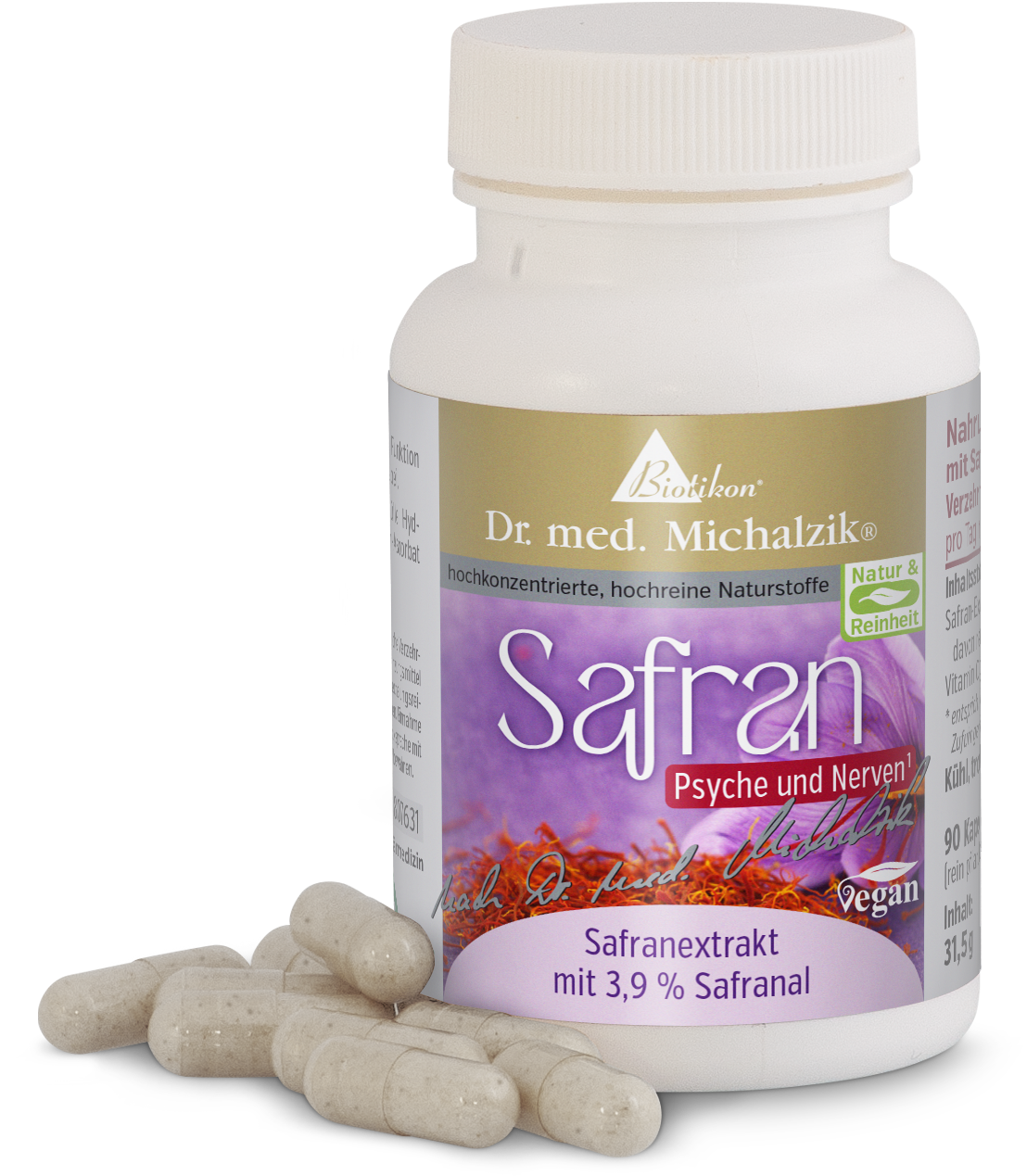 Extrait de Safran 90 Capsules - 3,9% Safranal Contenant en plastique blanc avec 90 capsules d'extrait de safran, étiquette violette, vue de face.