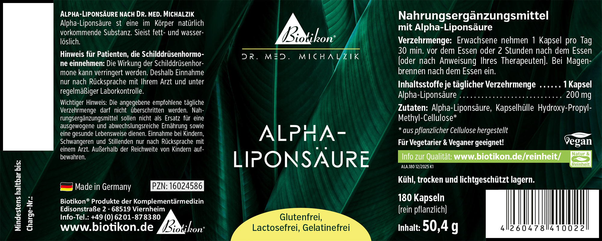 180 capsules d'acide alpha-lipoïque, véganes, en emballage PET, capsules brunes, vue de côté.