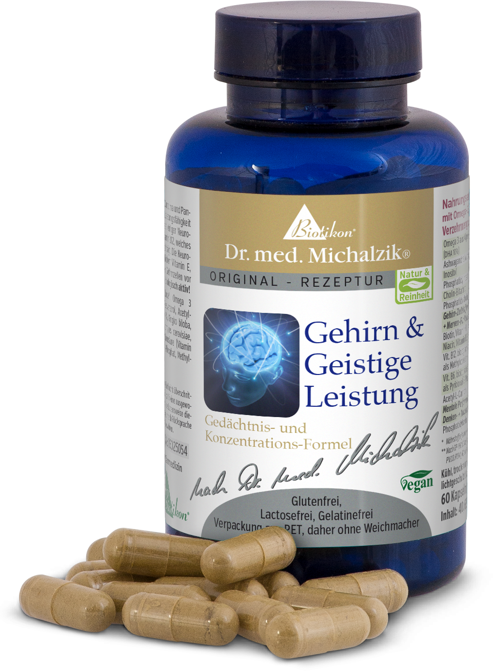 Cerveau & Performance Cognitive – 60 Capsules Bouteille de 60 capsules pour la performance cognitive, emballage bleu, capsules beige