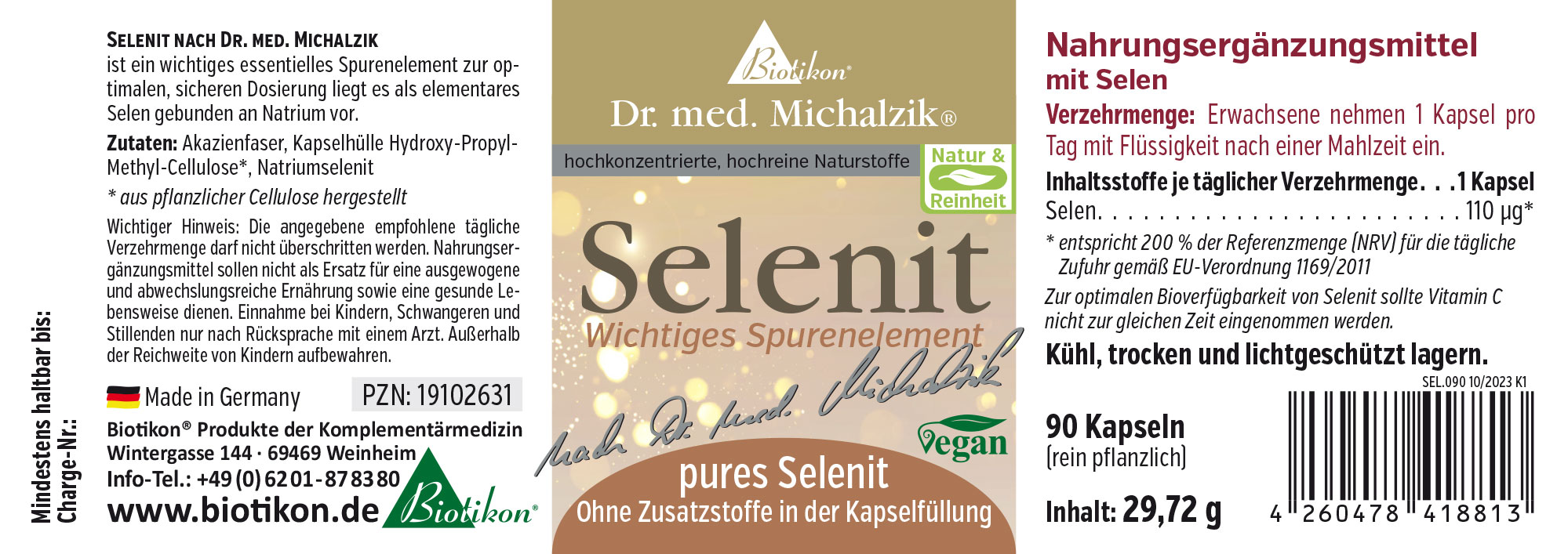 Sélénite 110 µg - Capsules Complément alimentaire Sélénite en capsules, 90 pièces, vegan, emballage gris clair et doré.