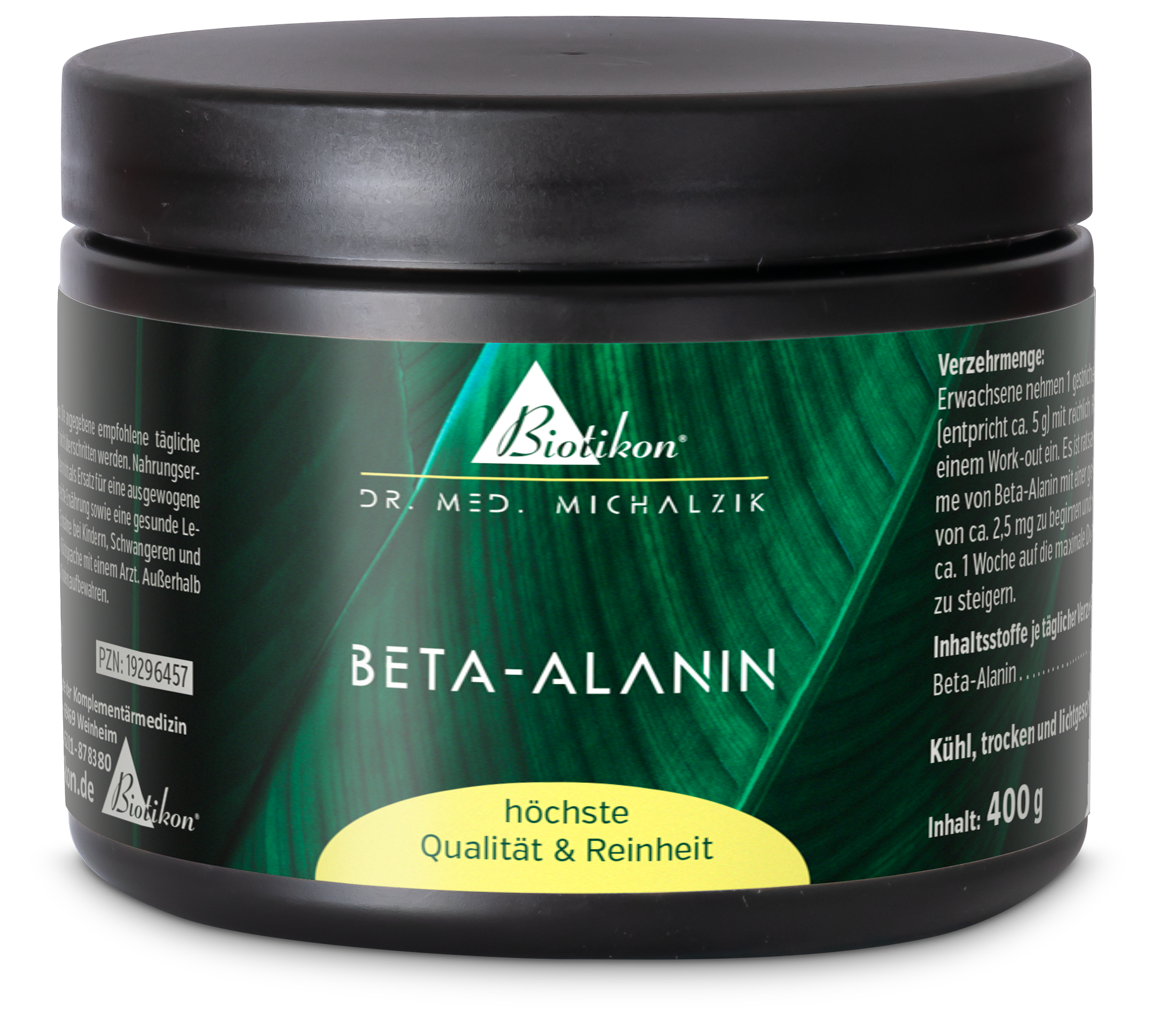 Bêta-Alanine 400 g - Poudre Conteneur de poudre de bêta-alanine, 400 g, emballage noir avec accents verts.