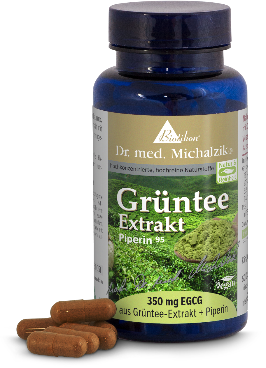 Extrait de thé vert 350 mg – Capsules Bouteille d'extrait de thé vert, 350 mg EGCG, avec des capsules brunes, vue de côté.