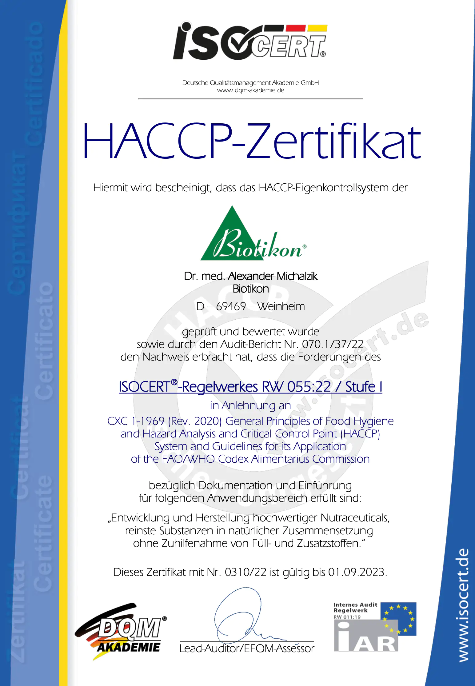 Certificat HACCP – Biotikon Certificat HACCP de Biotikon avec détails, incluant logo, notes d'inspection et date de validité.