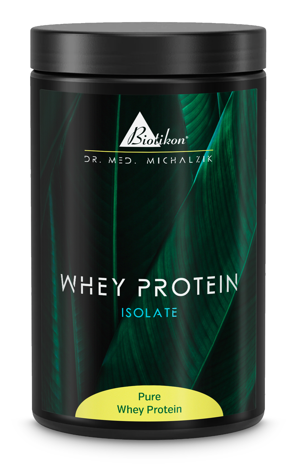 Isolat de Protéines de Lactosérum – 100 % Pur Can noire avec isolat de protéines de lactosérum, 100 % pur, emballage transparent, feuilles vertes en arrière-plan.