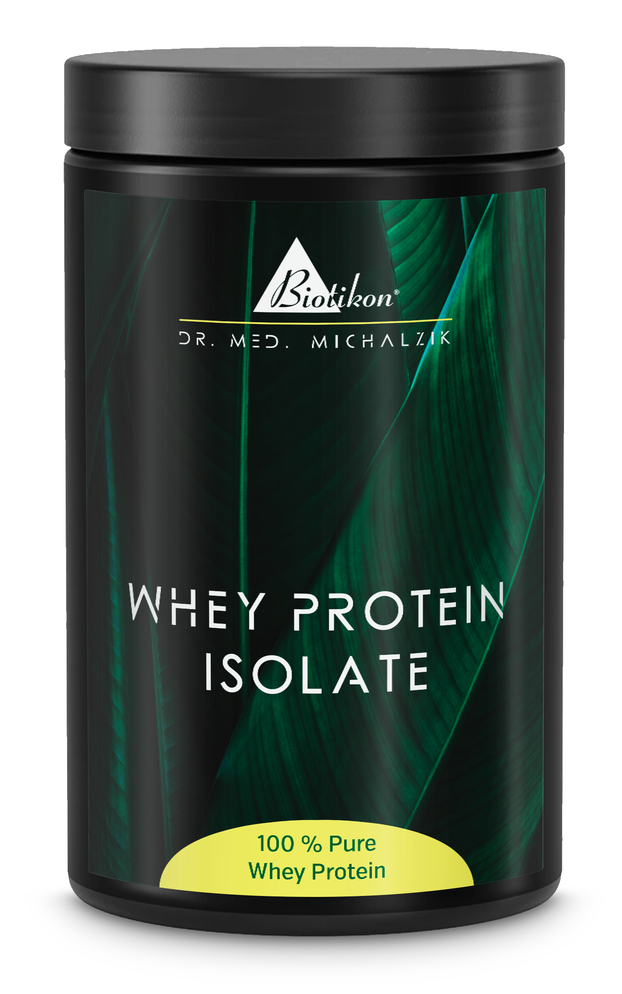 Isolat de Protéines de Lactosérum – 100 % Pur Can noire avec isolat de protéines de lactosérum, 100 % pur, emballage transparent, feuilles vertes en arrière-plan.