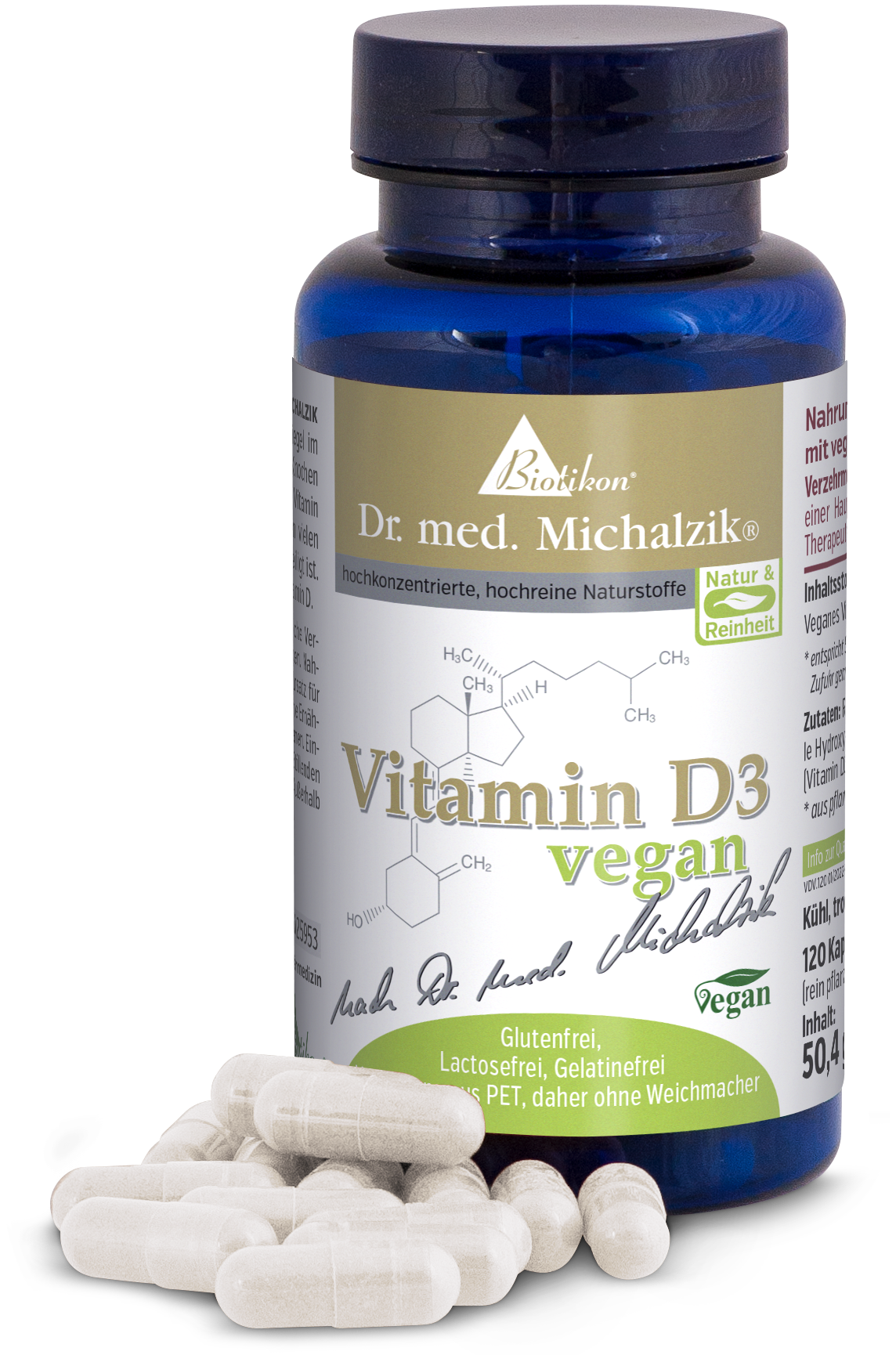 Vitamines D3 Vegan 120 Capsules - Fraîche Bouteille bleue contenant 120 capsules véganes de vitamine D3, capsules blanches visibles, présentation fraîche et claire.
