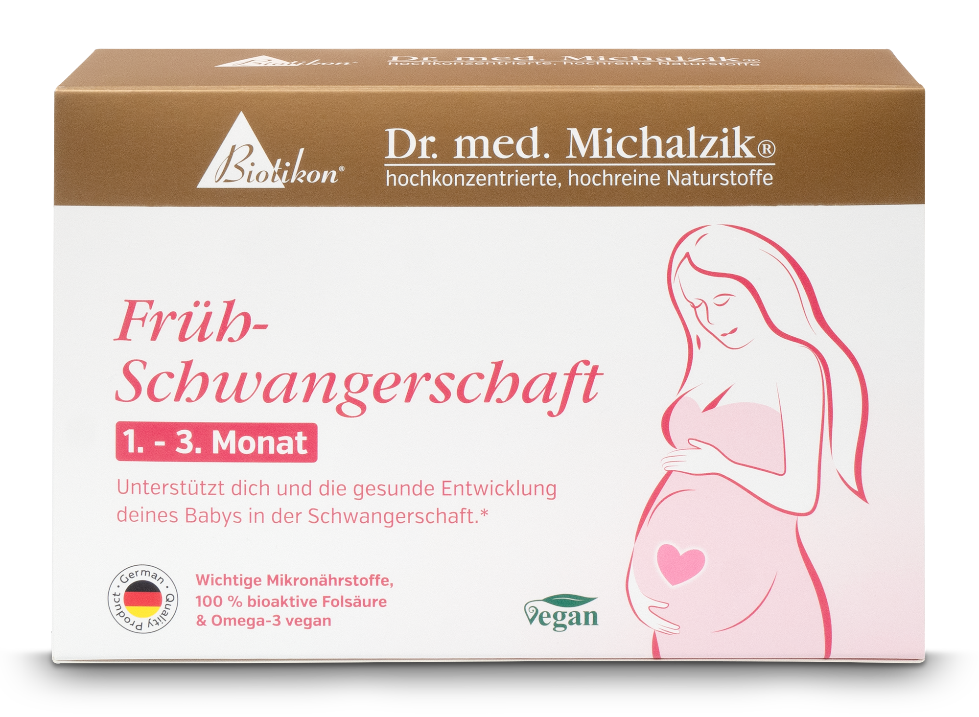 Grossesse Précoce : Capsules 1er - 3e Mois Emballage de micronutriments pour la grossesse précoce, végan, 30 capsules, tons rose et beige.