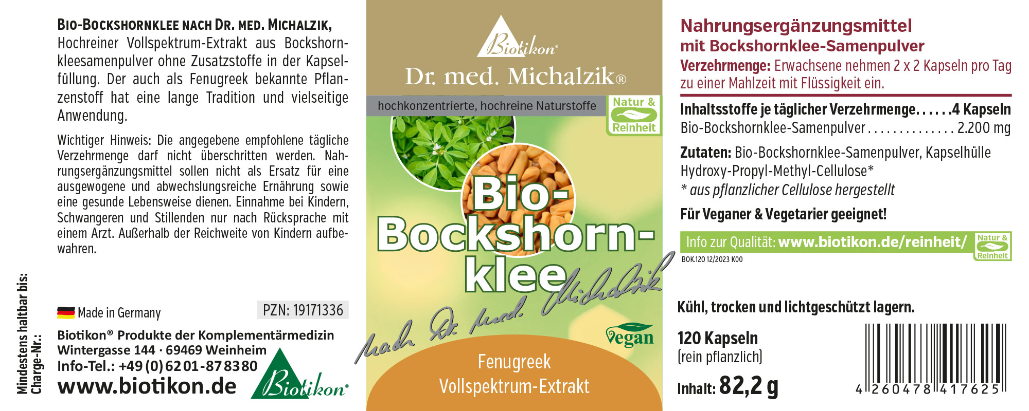 Fenugrec Bio 120 Capsules – Extrait à Spectre Complet Capsules de fenugrec bio, extrait à spectre complet, 120 pièces, emballage vert, vue avant