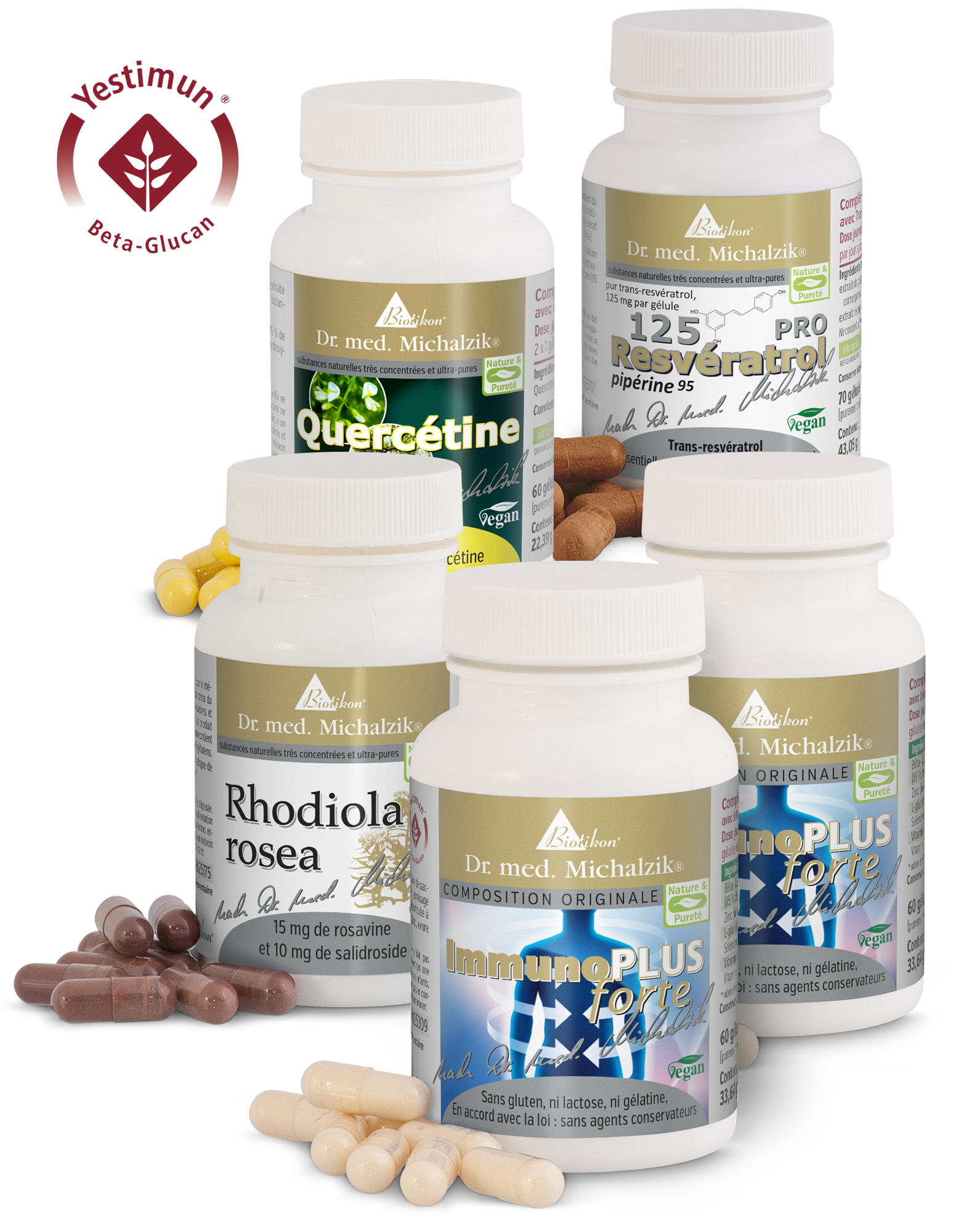 Quercétine 60 mg – Capsules Capsules de quercétine dans un flacon blanc contenant 60 pièces, avec étiquetage vert et blanc.