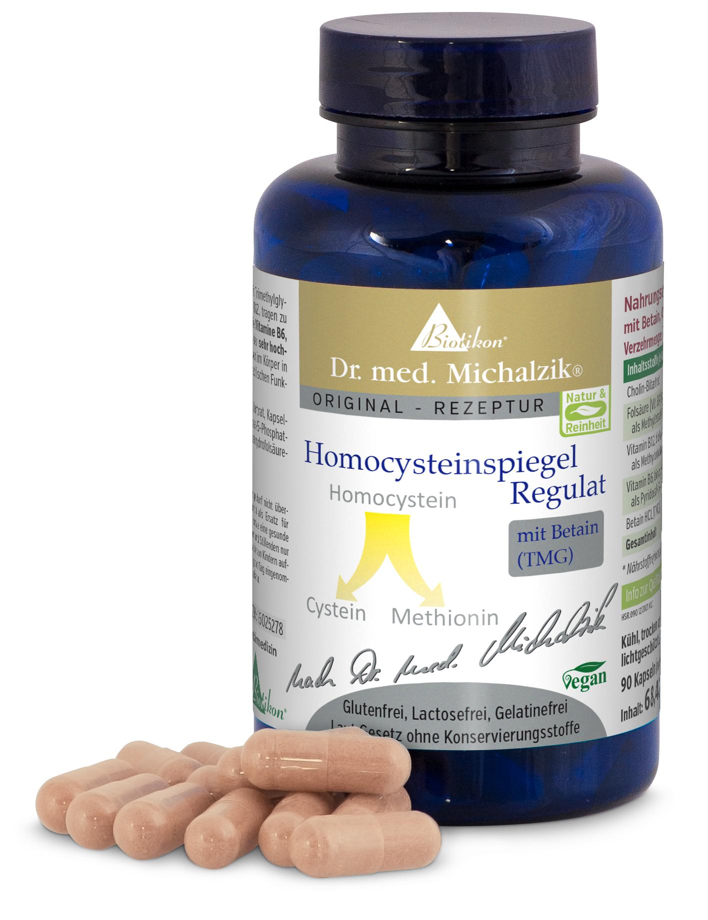 Homocystéine Regulat – 60 Capsules Végétales Bouteille en verre bleue contenant 60 capsules végétales sur fond blanc, ingrédients visibles.