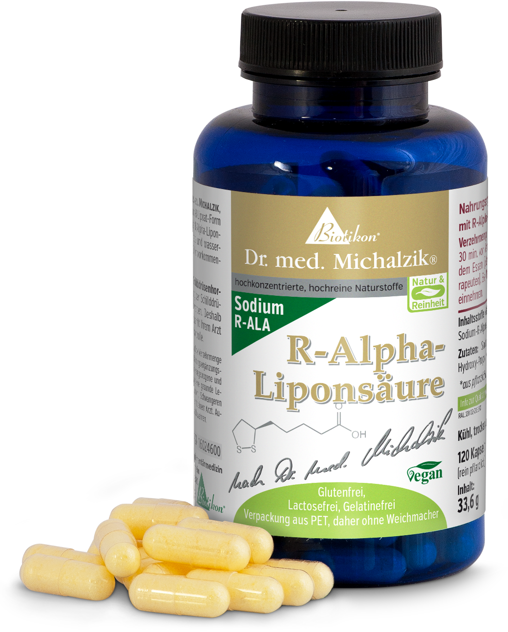 Acide R-Alpha-Lipoïque 120 Capsules - Sodium Bouteille d'acide R-Alpha-Lipoïque, 120 capsules jaunes, emballée dans une bouteille en PET bleue.