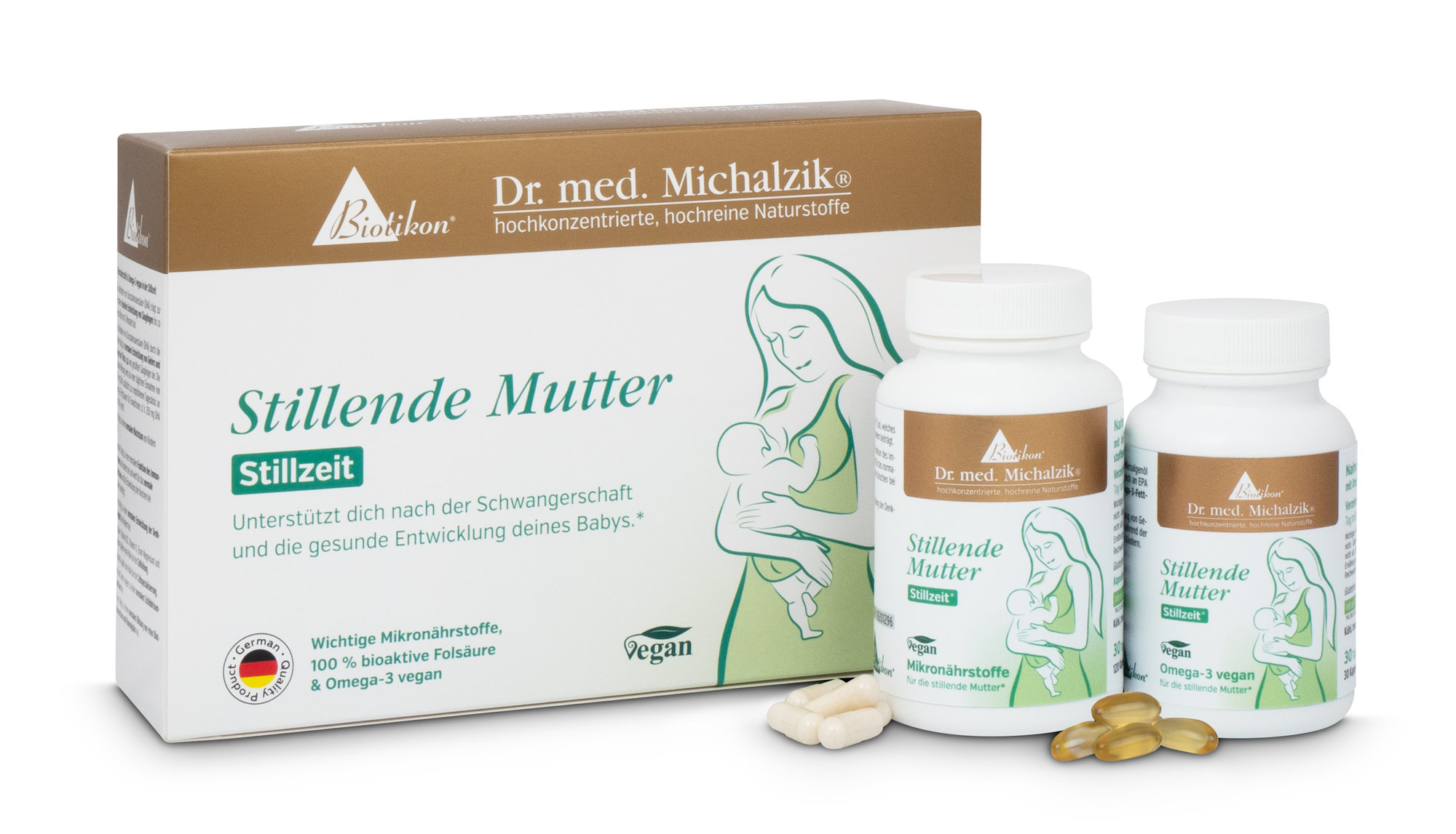 Gélules Maman Allaitante Complément alimentaire Maman Allaitante en capsules et gélules molles, deux bouteilles avec quantité, emballage noir-vert, vue de côté.
