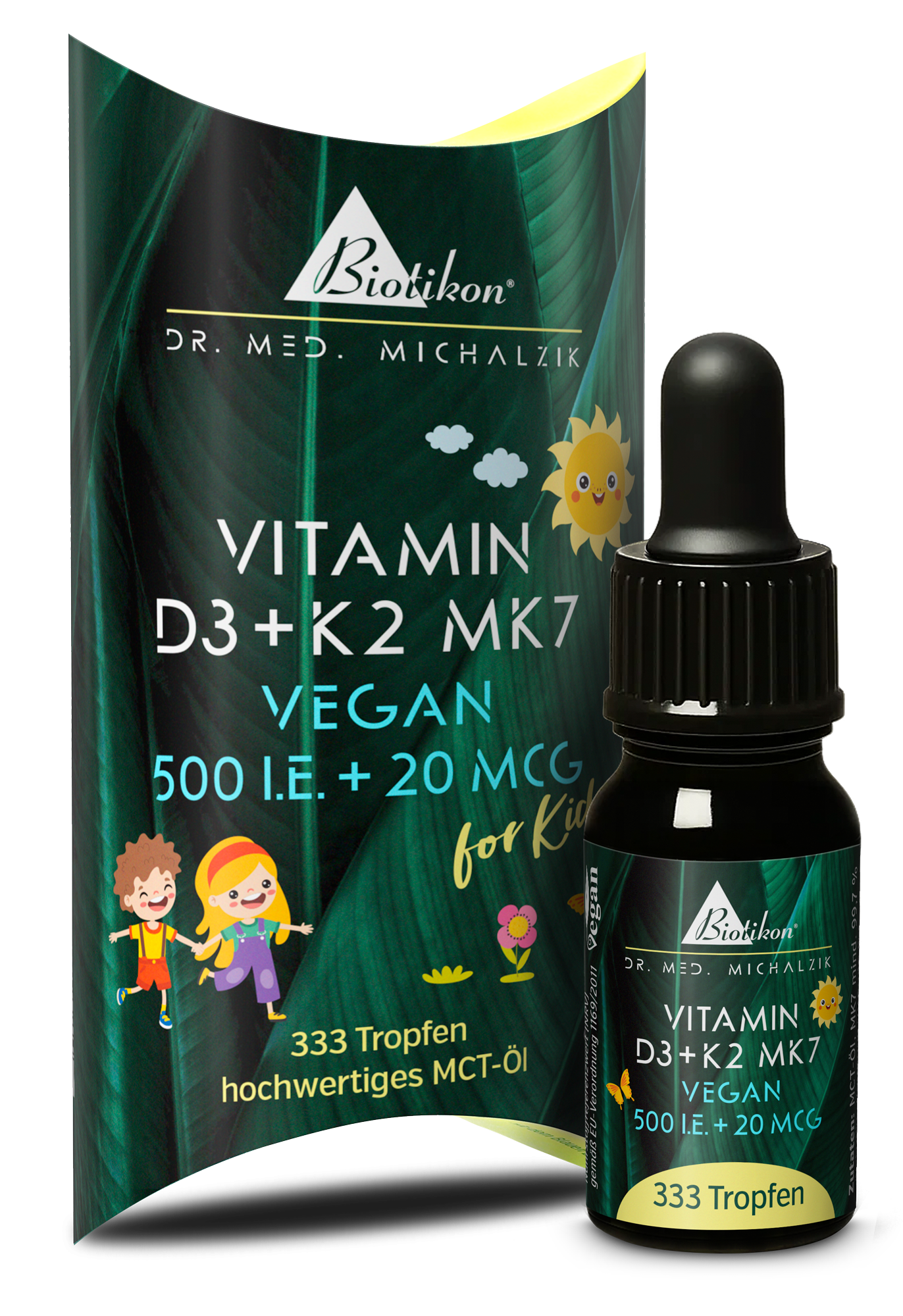 Vitamine D3 K2-500 UI, boîte végétalienne avec flacon Vitamine D3 K2-500 UI, boîte végétalienne avec flacon