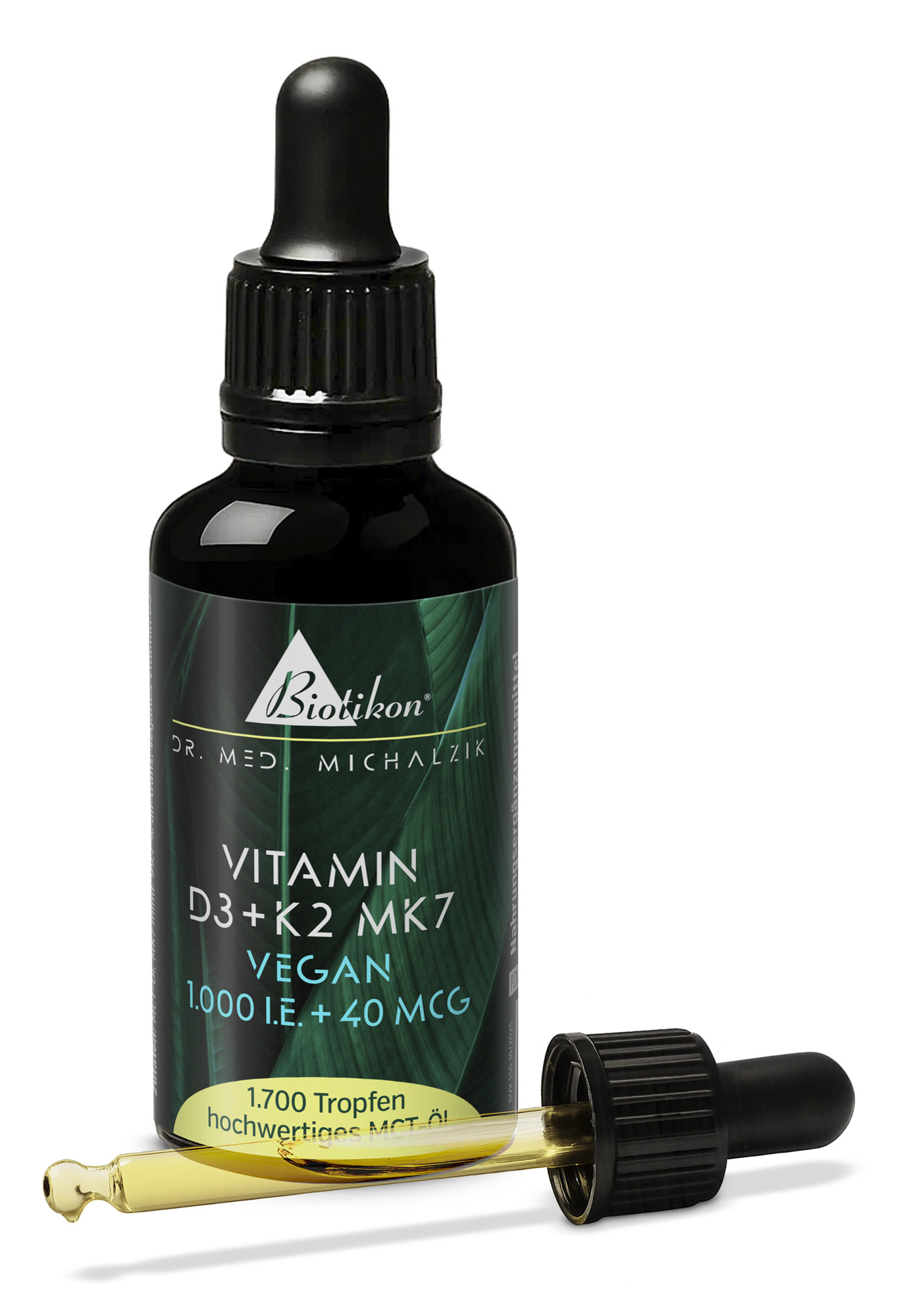Bouteille de gouttes de vitamine D3 et K2 MK7, 1750 gouttes, huile MCT, emballage noir, pipette visible.