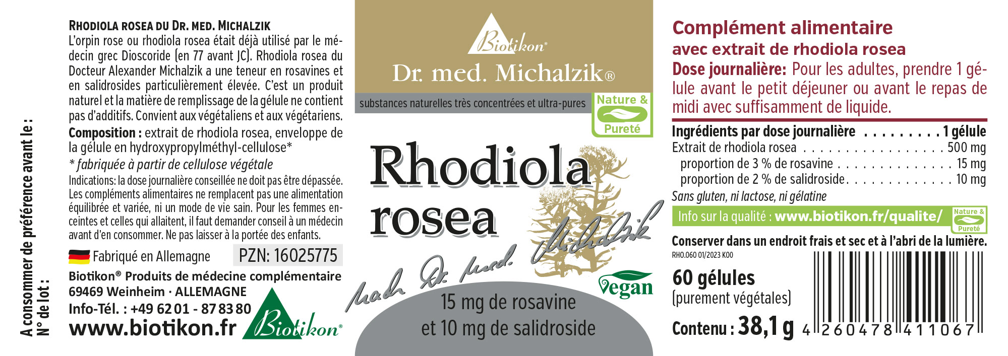 Rhodiola Rosea 500 mg – 60 Gélules Molles Gélules molles contenant de la Rhodiola rosea, 500 mg par gélule, paquet de 60, végan, vert clair.