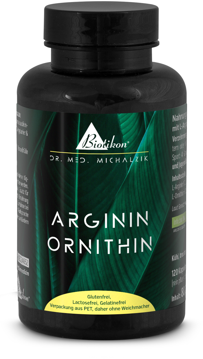Arginine Ornithine – 120 Capsules Conteneur en plastique noir avec 120 capsules d'Arginine Ornithine, étiquette verte, vue de côté.
