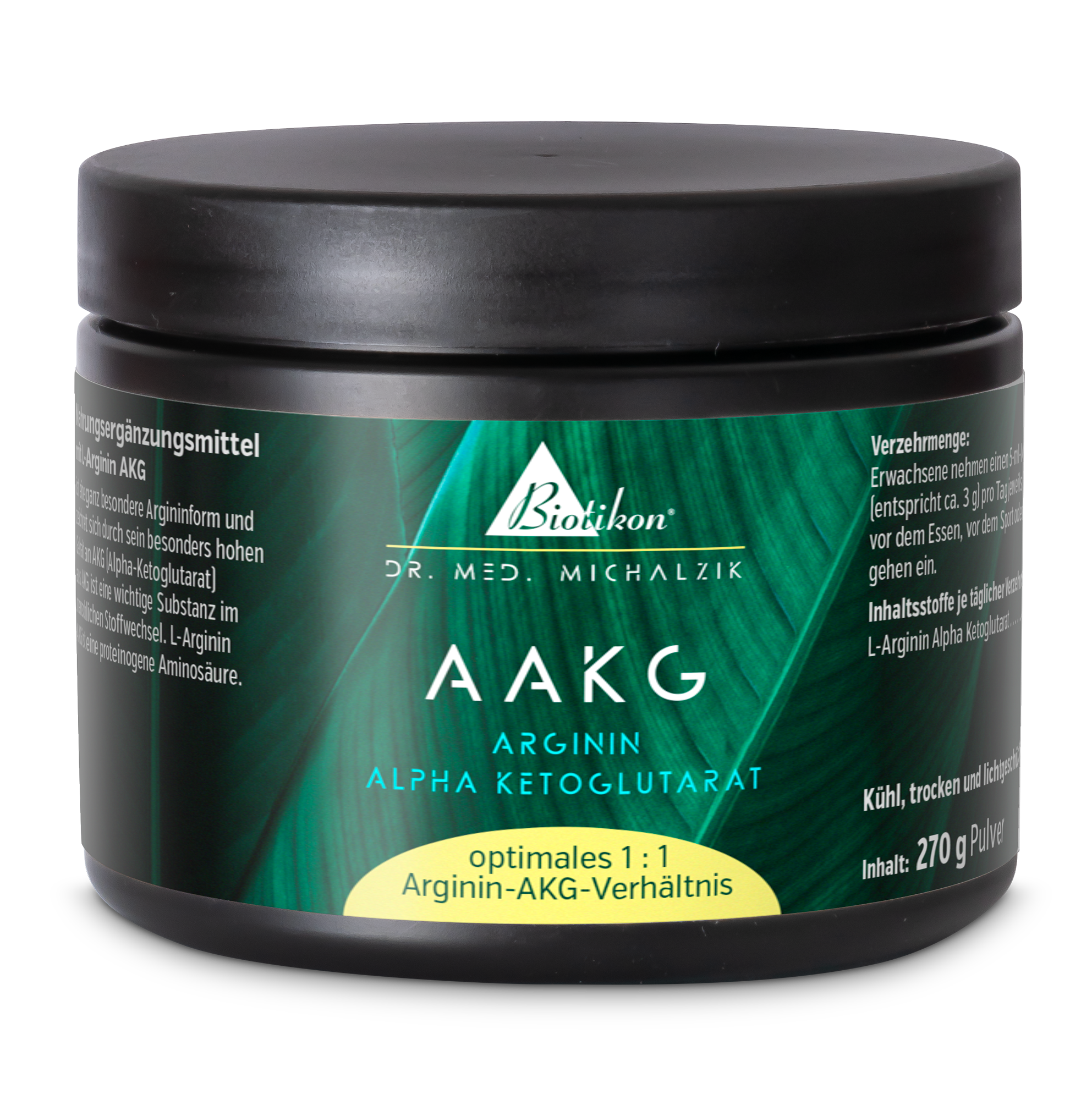 AAKG Arginine Alpha-Cétoglutarate – Poudre 270 g Contenant de poudre AAKG Arginine Alpha-Cétoglutarate, 270 g, emballage noir, vue de côté.