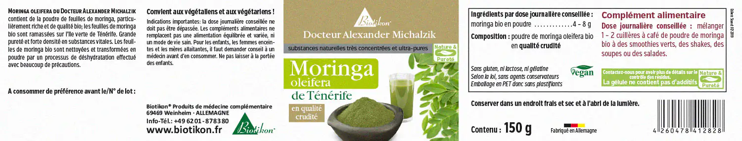 Poudre de Moringa Oleifera 150g - Vert Naturel Poudre de moringa oleifera, 150g, couleur verte vive, emballage montre de la poudre dans un bol et une boisson.