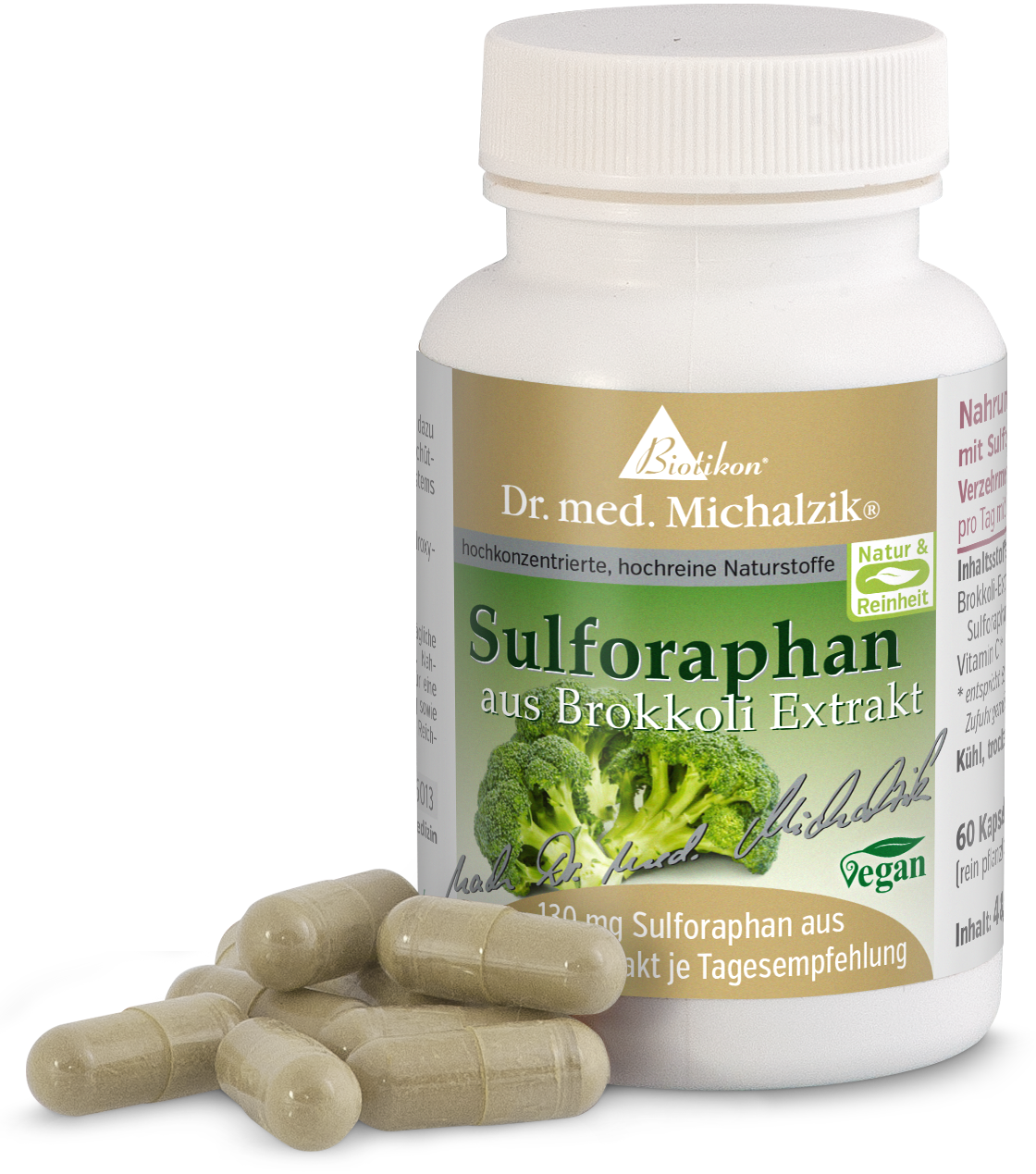 Sulforaphane d'extrait de brocoli – Capsules de 120 mg Bouteille avec 60 capsules de sulforaphane d'extrait de brocoli, capsules beige-verdâtres, emballage moderne.
