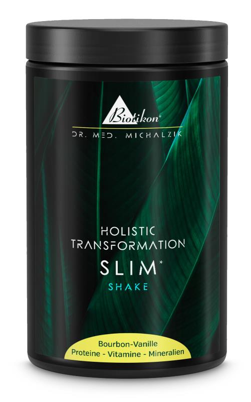 SLIM Shake – Vanille Bourbon Shaker protéiné en emballage noir avec des feuilles vertes, saveur Vanille Bourbon, 500g.