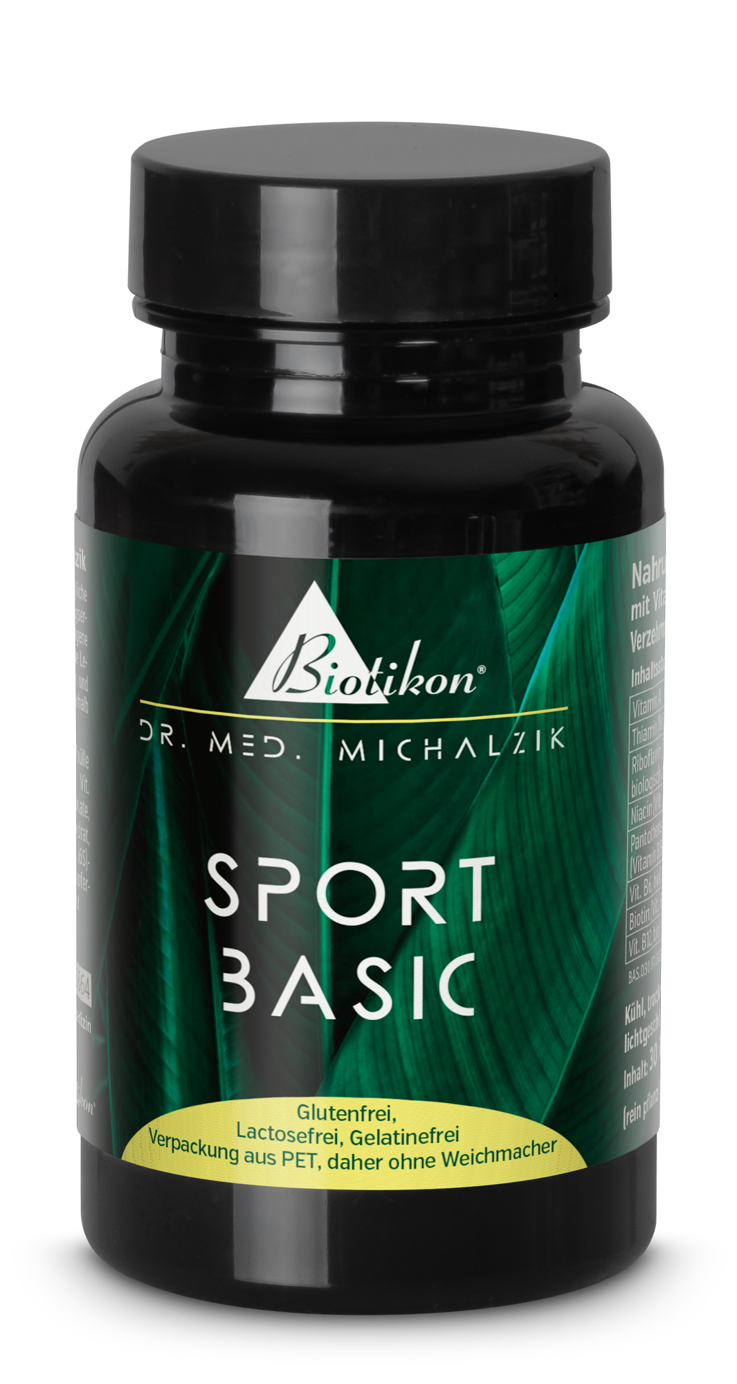 Sport Basic – Complément Alimentaire en Capsules Bouteille de capsules noires avec étiquette verte, contenant 300 capsules, sans gluten, sans lactose, sans gélatine.