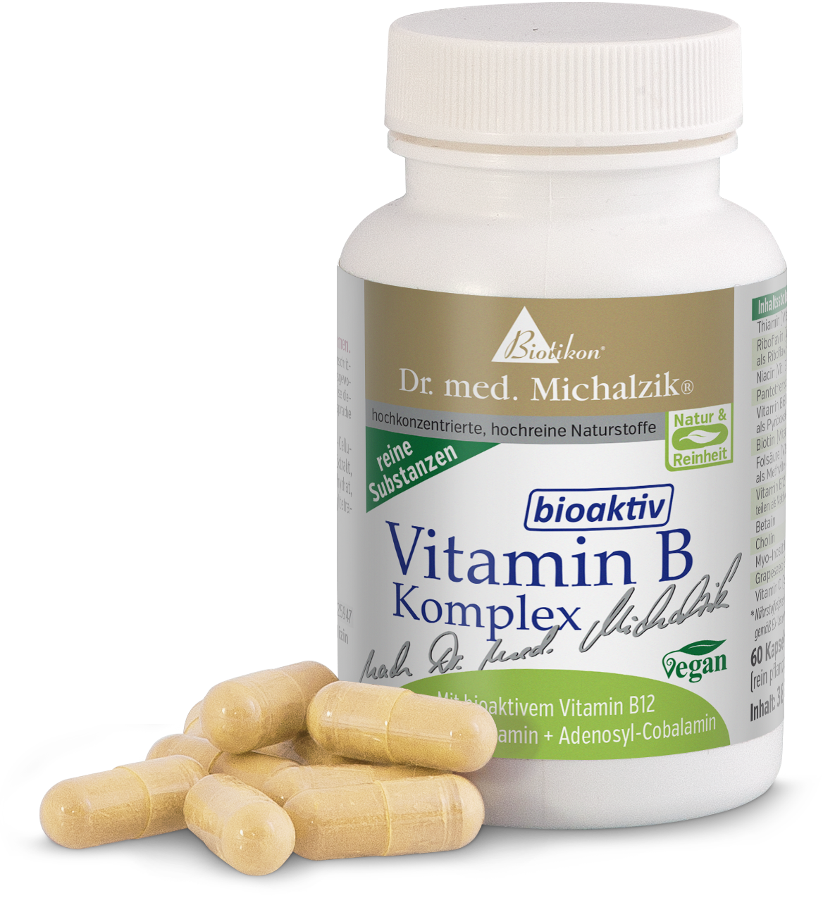 Complexe de Vitamine B – 60 Capsules Bouteille de complexe de vitamine B contenant 60 capsules véganes, couleur beige clair, quelques capsules visibles au premier plan.