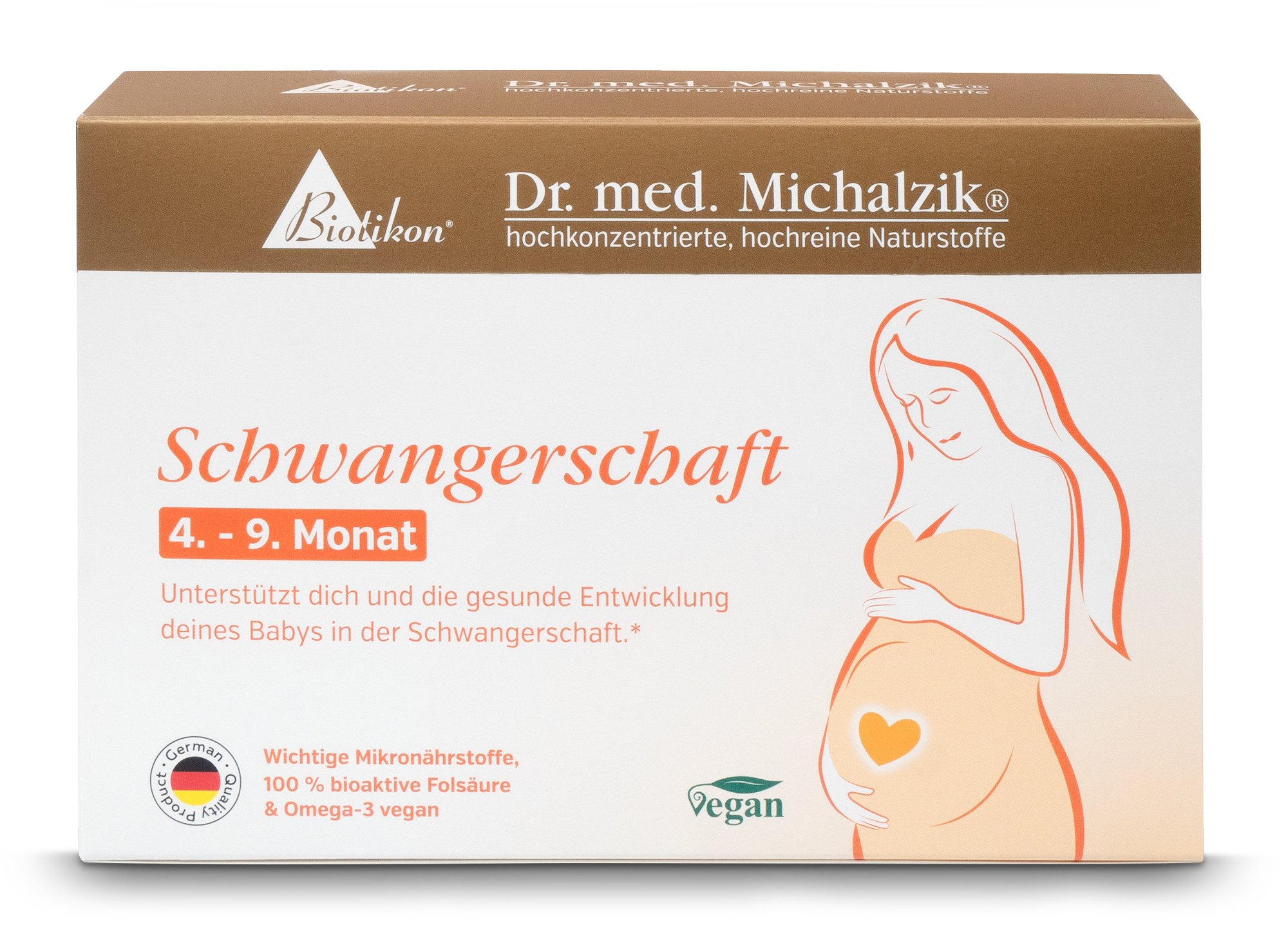 Grossesse 4e au 9e Mois – Capsules Emballage pour micronutriments de grossesse, 4e au 9e mois, avec une femme enceinte sur fond blanc.