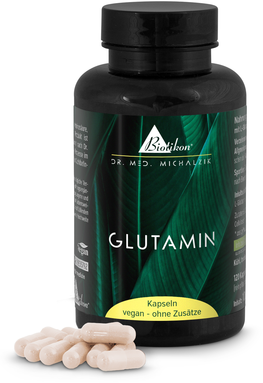 Glutamine 120 Capsules – Végétalien Capsules de glutamine végétaliennes dans une bouteille noire avec design vert, 120 pièces, capsules bien mises en avant.