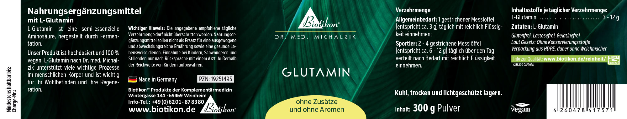 L-Glutamine 300g - Poudre Complément alimentaire L-Glutamine, poudre de 300g, vegan, emballé dans un sac robuste, couleur verte.