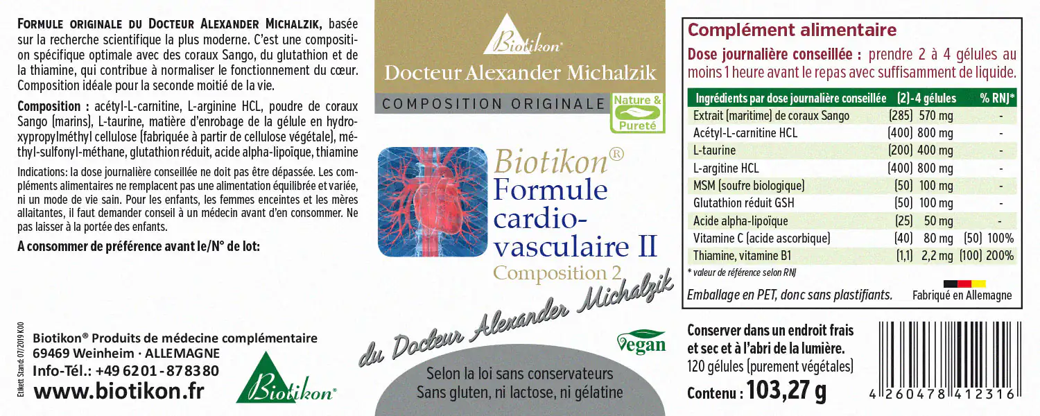 Formule Cardio-Vasculaire II – 120 Gélules Complément alimentaire dans un emballage PET, 120 gélules végétaliennes, montrant les ingrédients et le dosage.